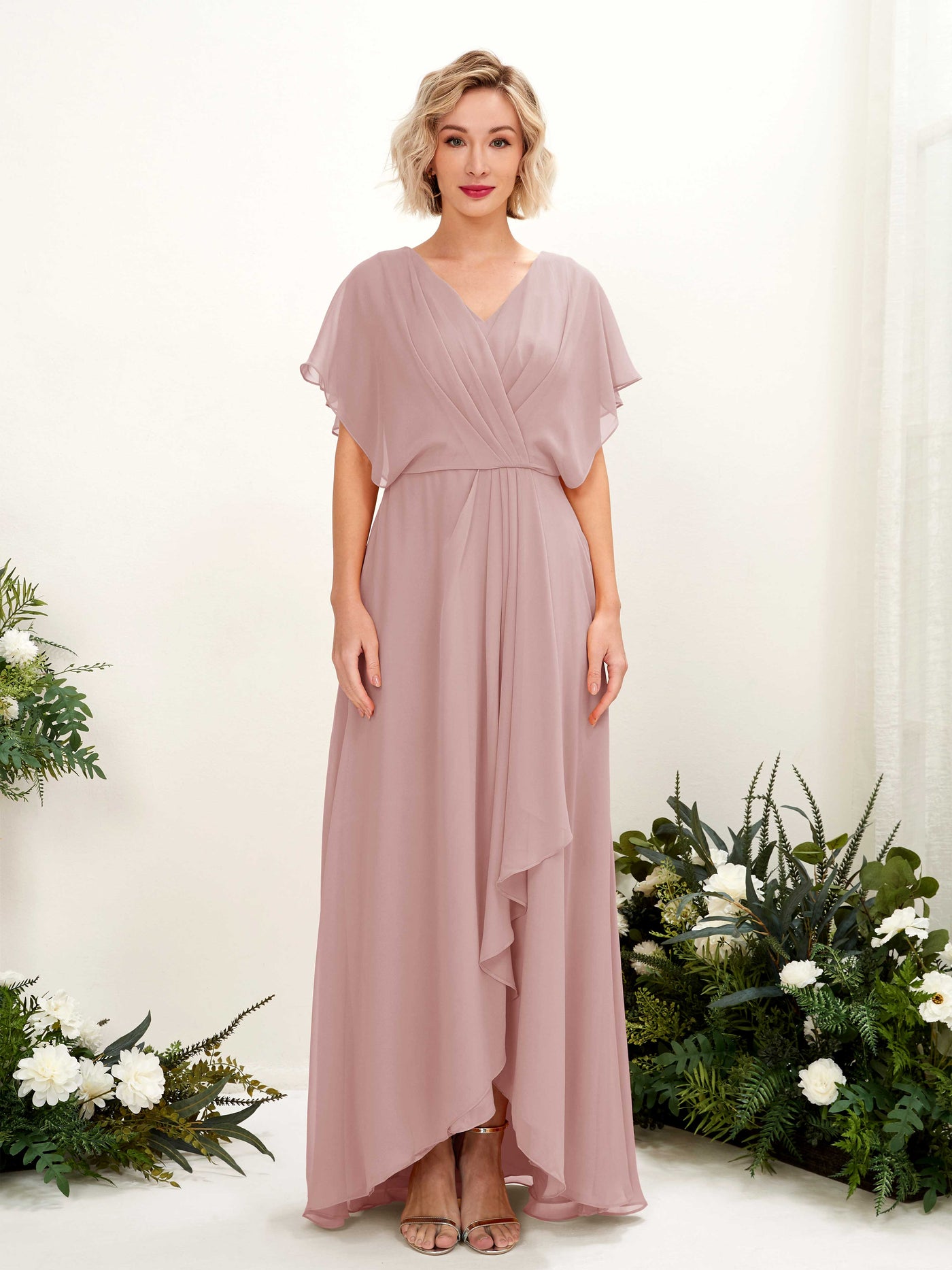 Carlyna A-Linien-Kleid V-Ausschnitt Flatterärmel Bodenlang Brautjungfernkleid Staubige Rose #farbe_staubige-rose
