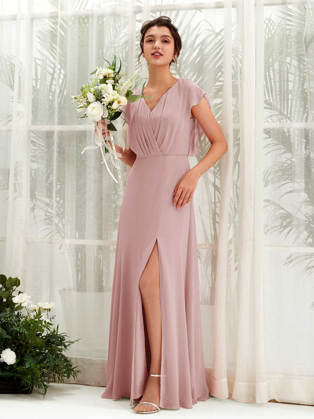 Carlyna A-Linien-Kleid V-Ausschnitt Flatterärmel Bodenlang Brautjungfernkleid Staubige Rose 