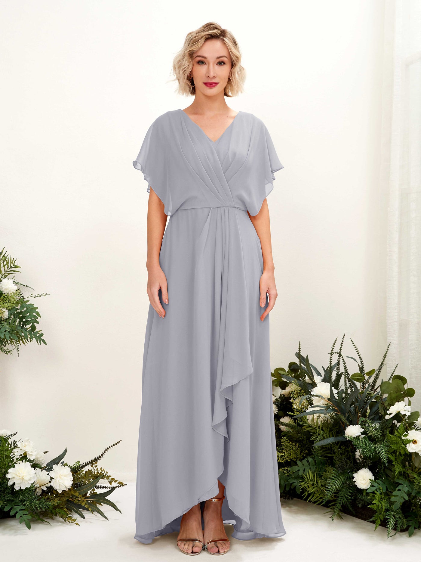 Carlyna A-Linien-Kleid V-Ausschnitt Flatterärmel Bodenlang Brautjungfernkleid Staubiger Lavendel #farbe_staubiger-lavendel