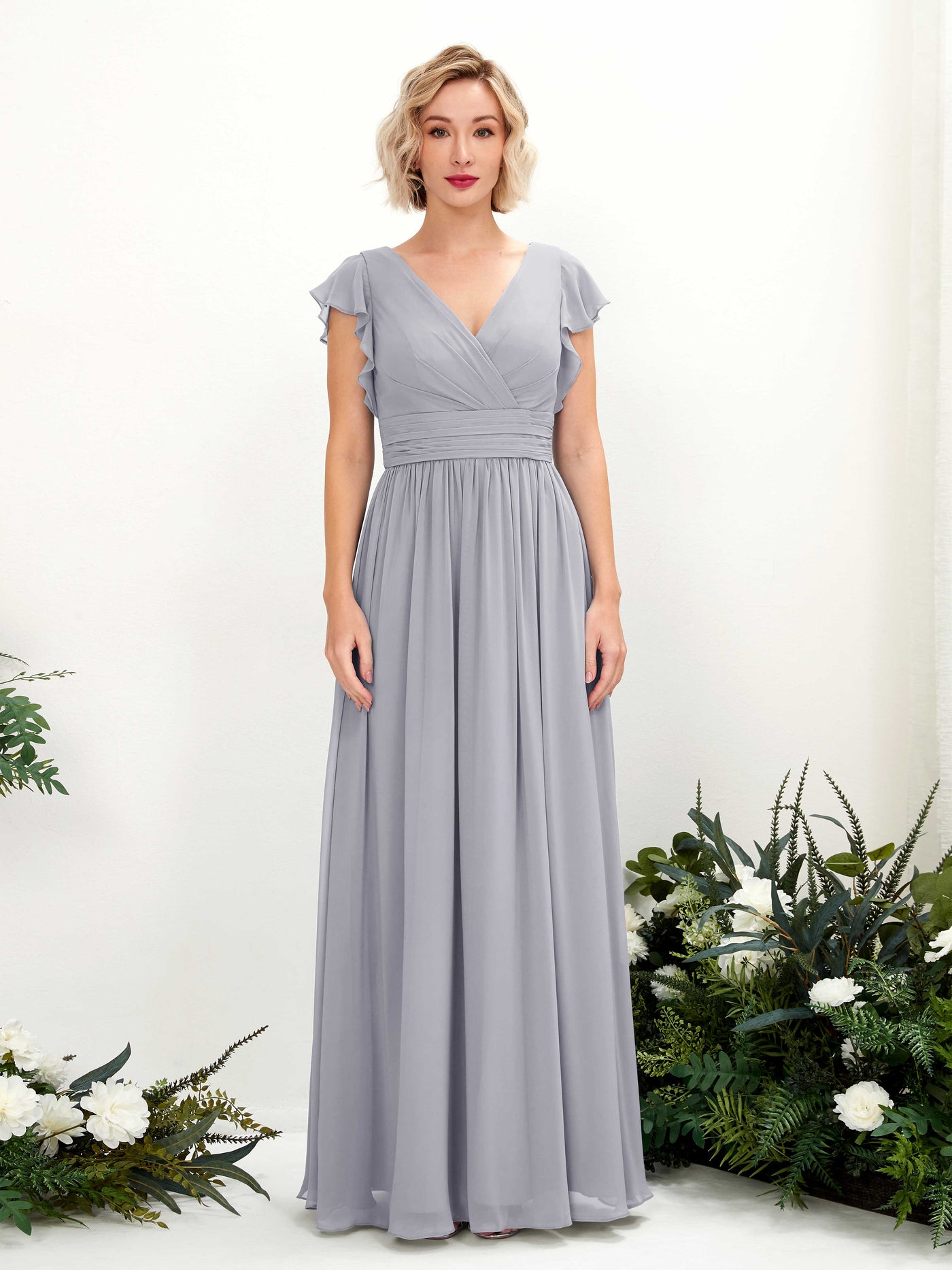 Carlyna A-Linien-Kleid V-Ausschnitt Flatterärmel Bodenlang Brautjungfernkleid Staubiger Lavendel #farbe_staubiger-lavendel