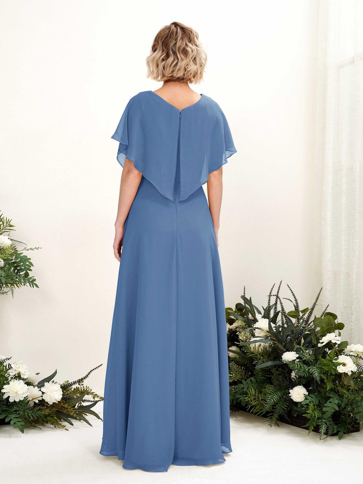 Carlyna A-Linien-Kleid V-Ausschnitt Flatterärmel Bodenlang Brautjungfernkleid Staubiges Blau #farbe_staubiges-blau
