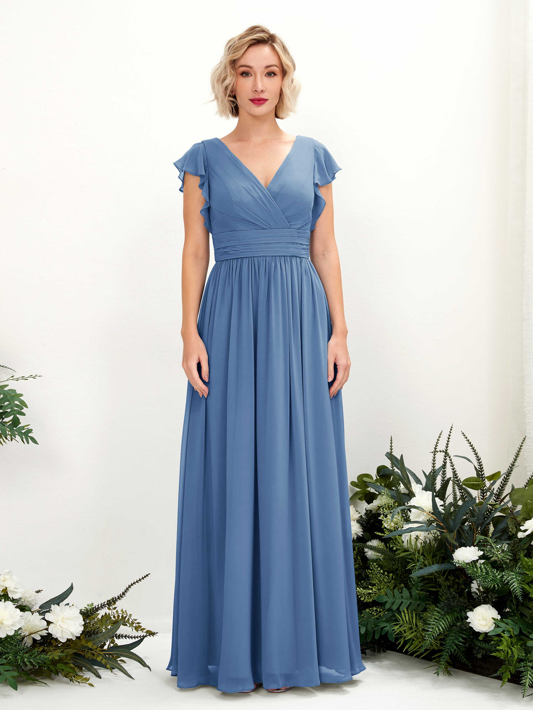 Carlyna A-Linien-Kleid V-Ausschnitt Flatterärmel Bodenlang Brautjungfernkleid Staubiges Blau 