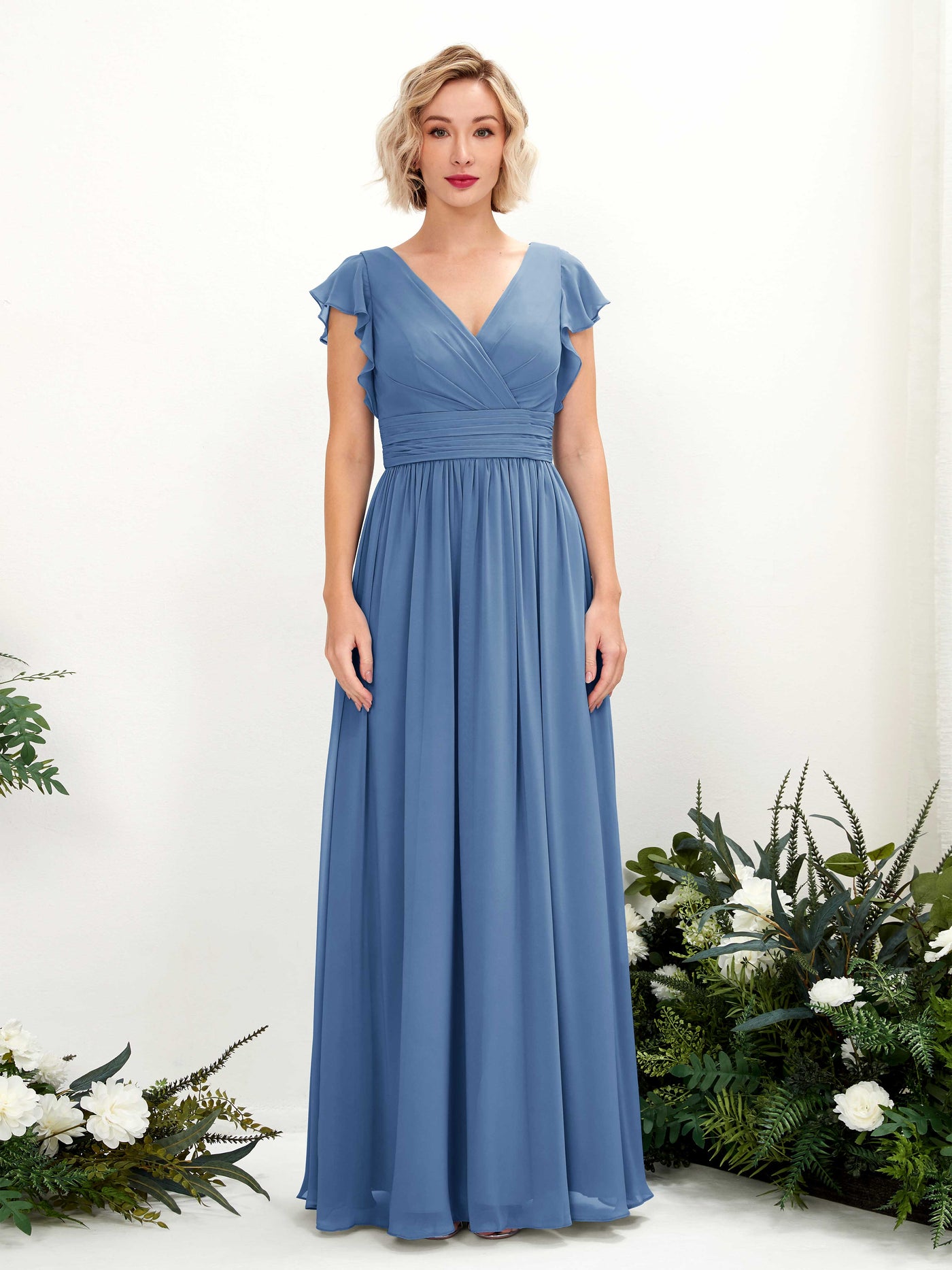 Carlyna A-Linien-Kleid V-Ausschnitt Flatterärmel Bodenlang Brautjungfernkleid Staubiges Blau #farbe_staubiges-blau
