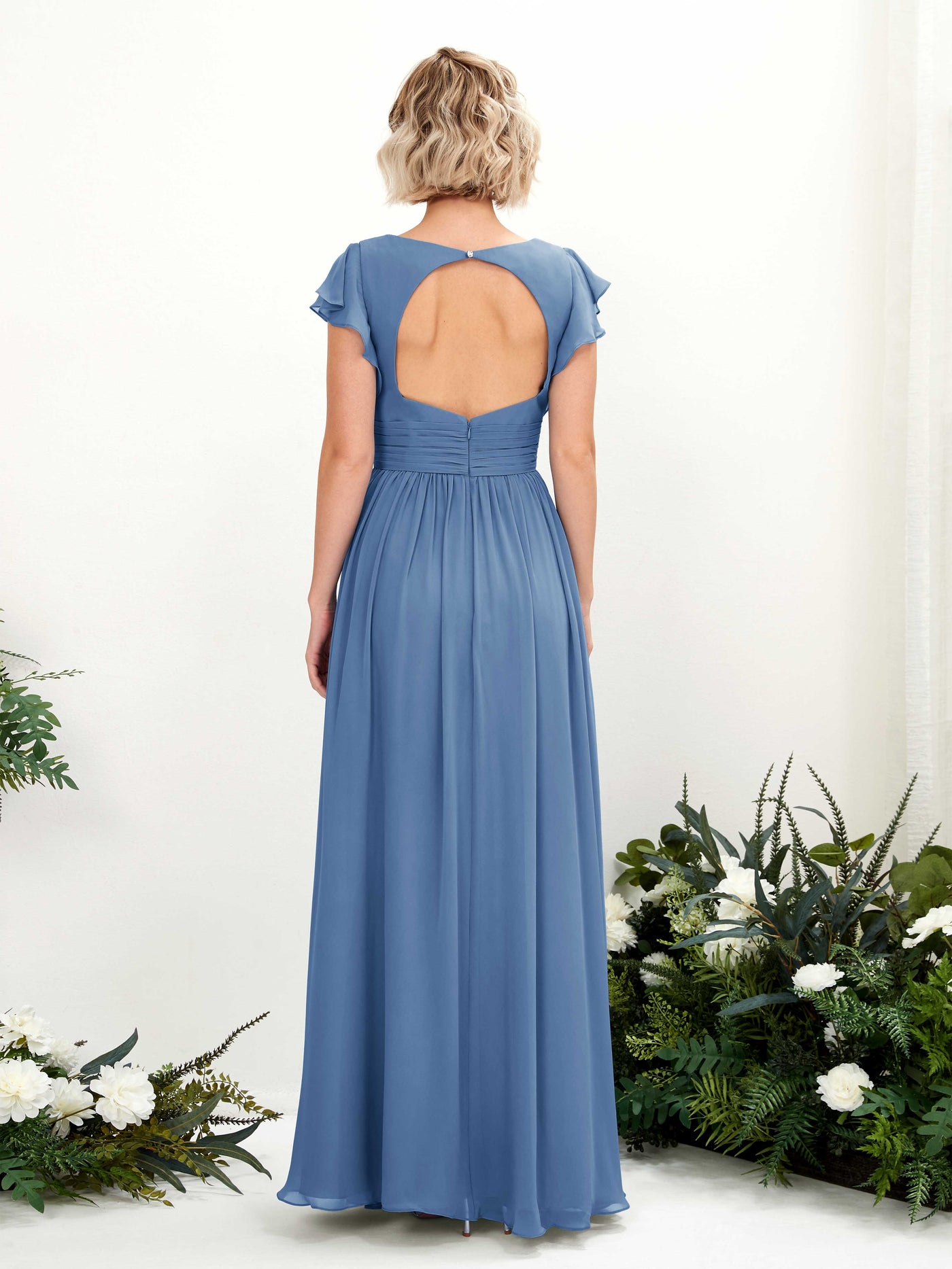 Carlyna A-Linien-Kleid V-Ausschnitt Flatterärmel Bodenlang Brautjungfernkleid Staubiges Blau #farbe_staubiges-blau