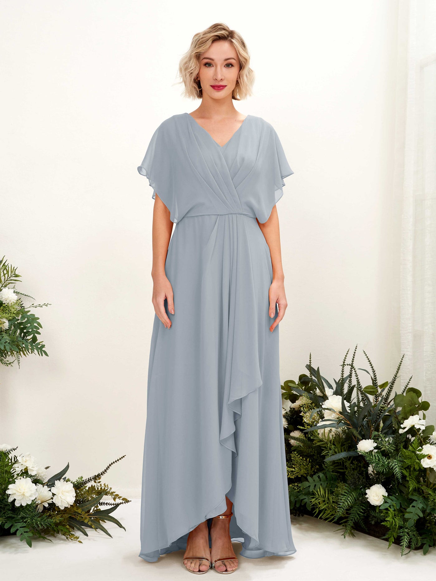 Carlyna A-Linien-Kleid V-Ausschnitt Flatterärmel Bodenlang Brautjungfernkleid Staubiges Blau-Upgrade #farbe_staubiges-blau-upgrade