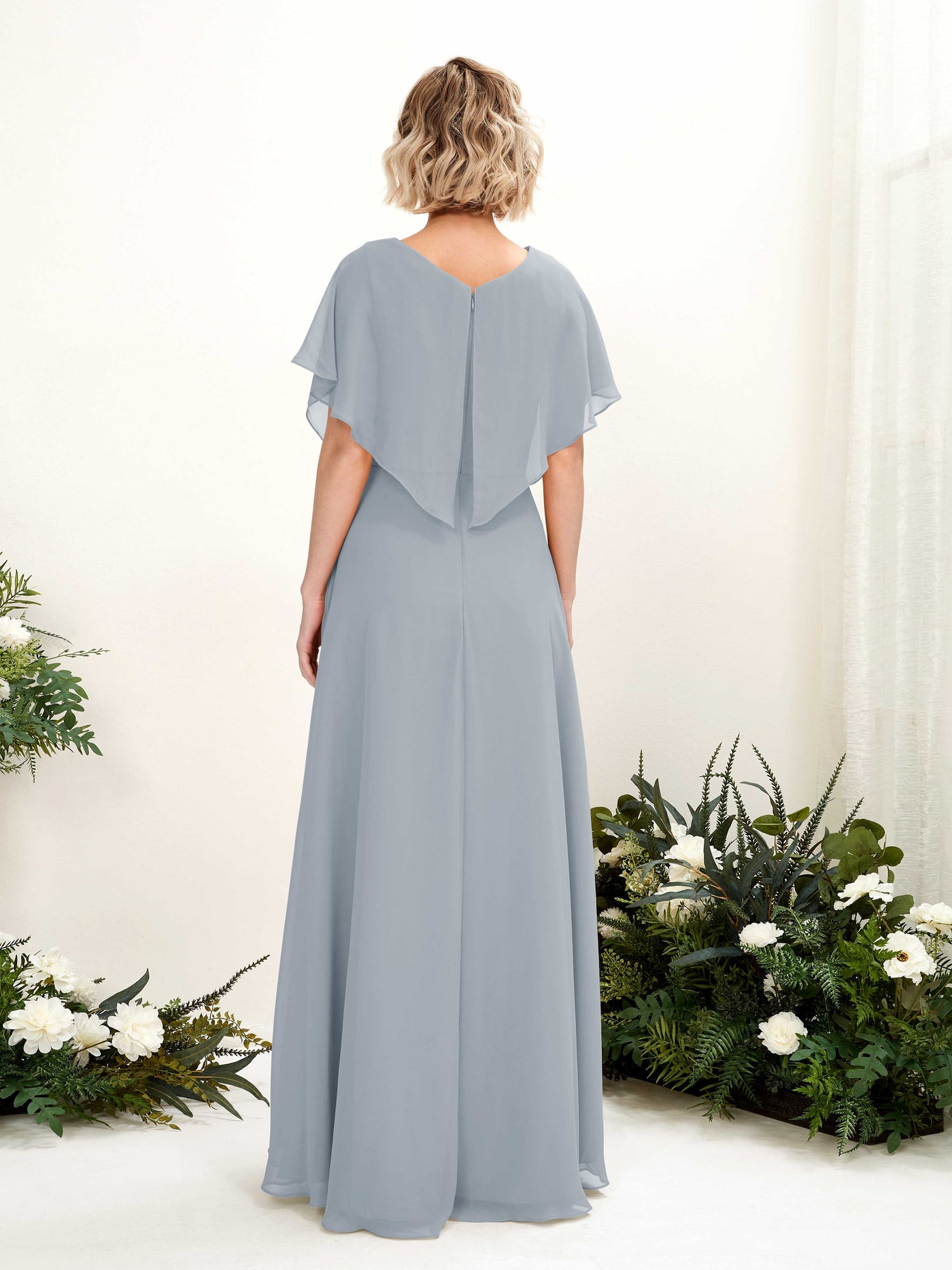 Carlyna A-Linien-Kleid V-Ausschnitt Flatterärmel Bodenlang Brautjungfernkleid Staubiges Blau-Upgrade #farbe_staubiges-blau-upgrade