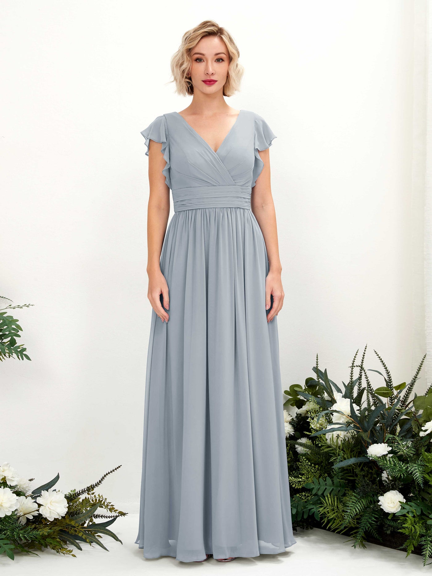 Carlyna A-Linien-Kleid V-Ausschnitt Flatterärmel Bodenlang Brautjungfernkleid Staubiges Blau-Upgrade #farbe_staubiges-blau-upgrade