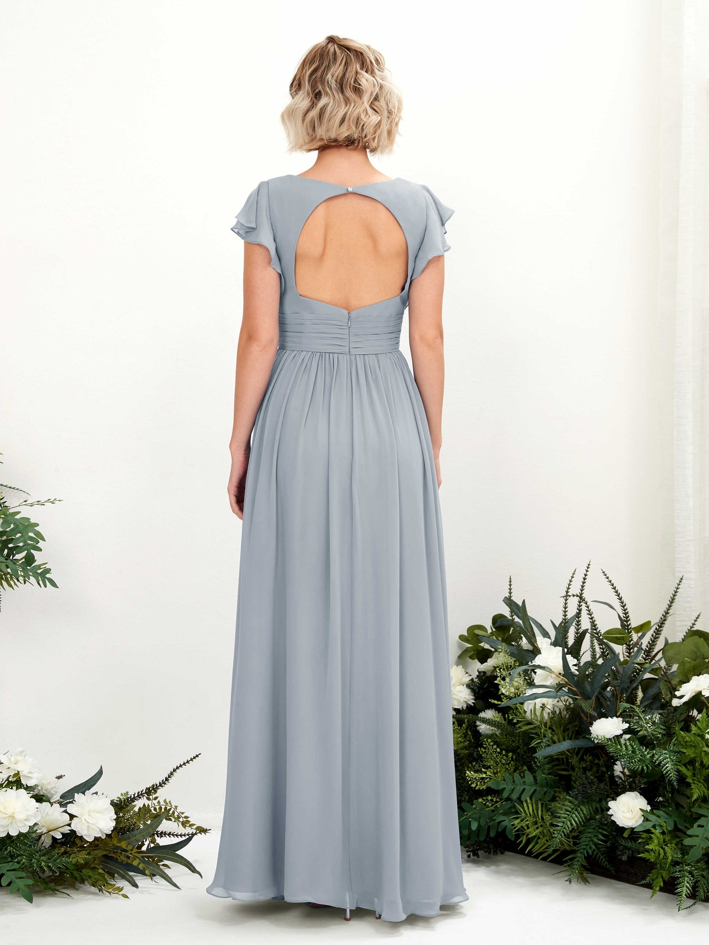 Carlyna A-Linien-Kleid V-Ausschnitt Flatterärmel Bodenlang Brautjungfernkleid Staubiges Blau-Upgrade #farbe_staubiges-blau-upgrade