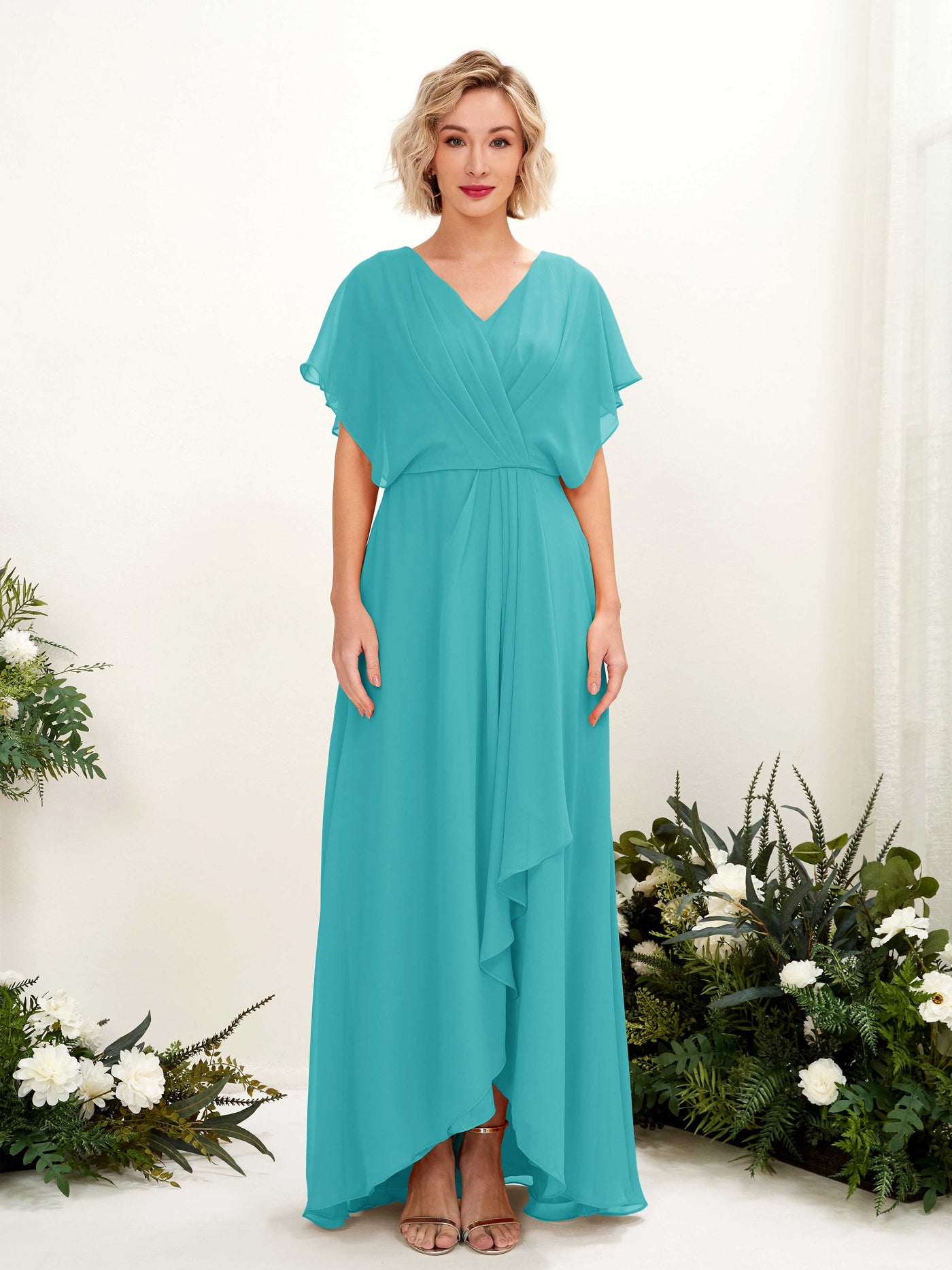 Carlyna A-Linien-Kleid V-Ausschnitt Flatterärmel Bodenlang Brautjungfernkleid Türkis #farbe_t-rkis