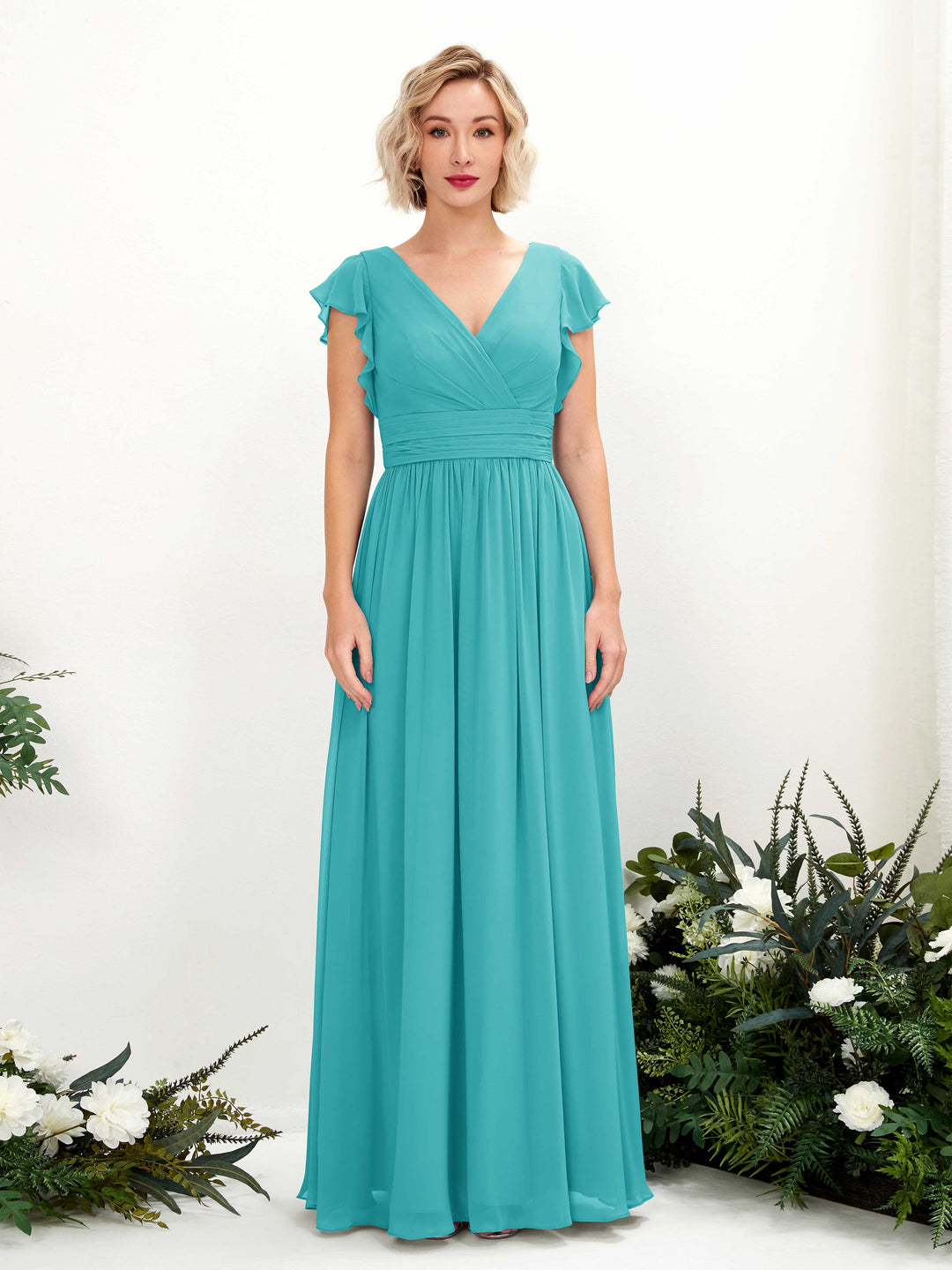Carlyna A-Linien-Kleid V-Ausschnitt Flatterärmel Bodenlang Brautjungfernkleid Türkis 