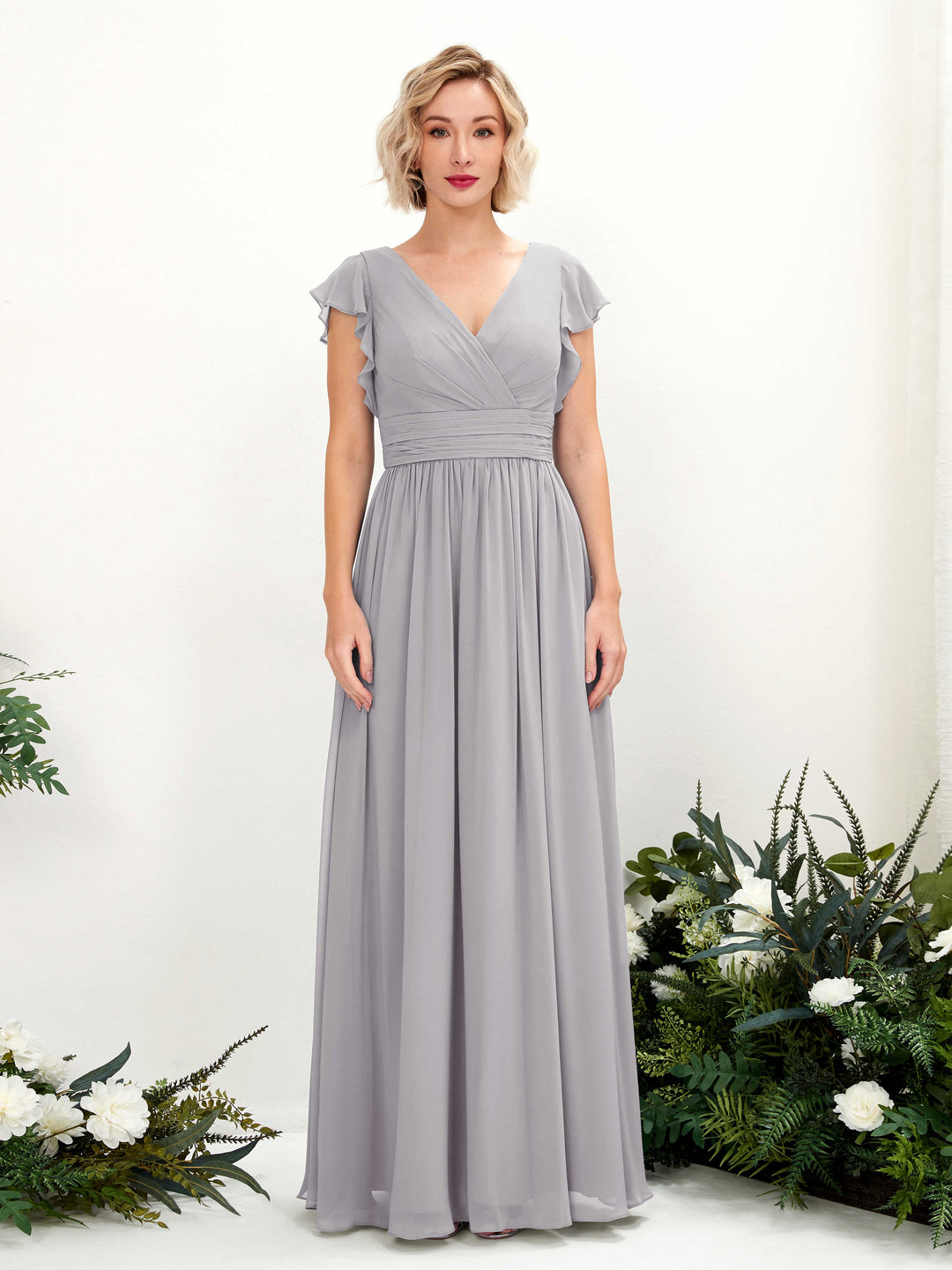 Carlyna A-Linien-Kleid V-Ausschnitt Flatterärmel Bodenlang Brautjungfernkleid Taube 
