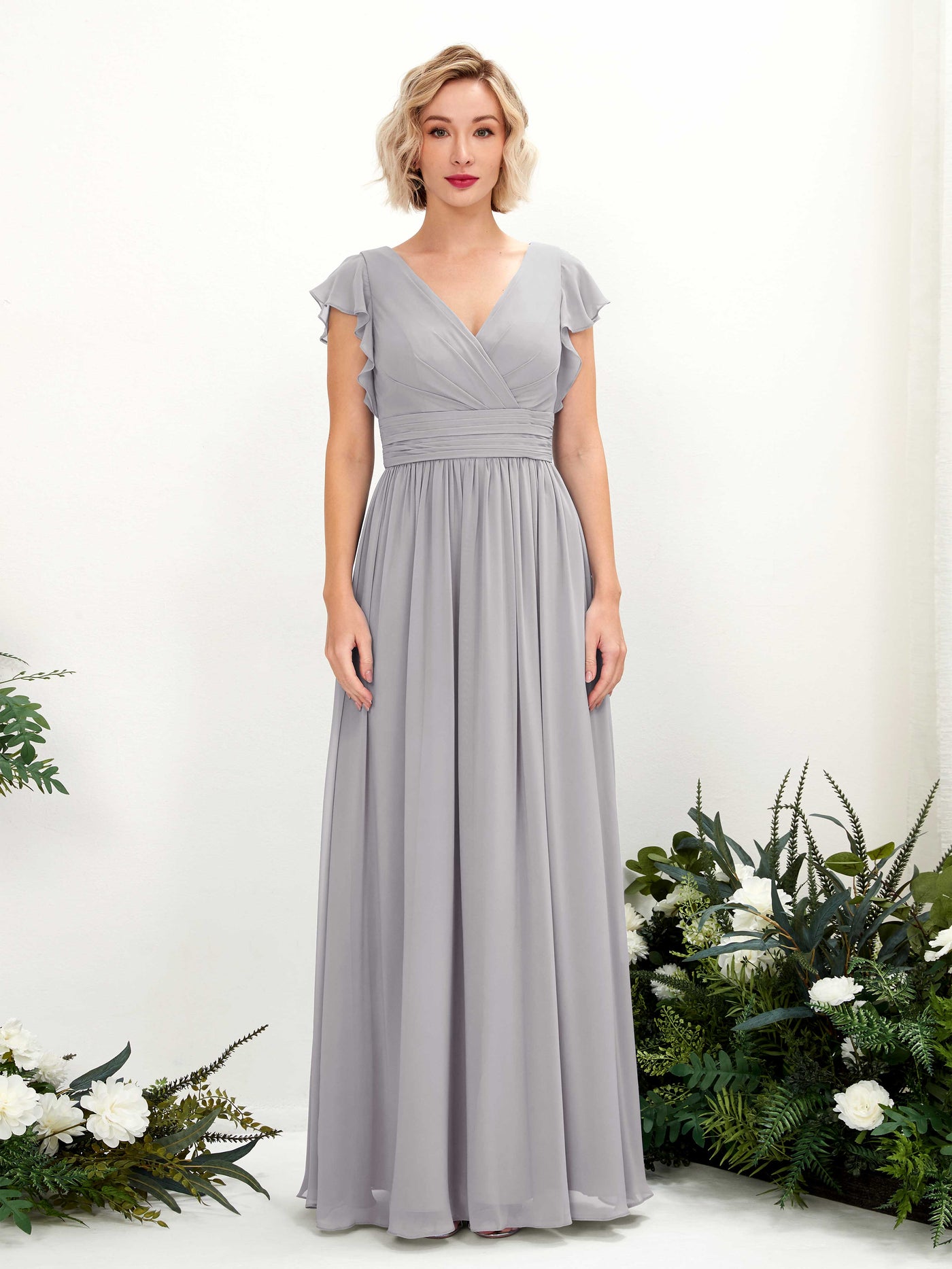 Carlyna A-Linien-Kleid V-Ausschnitt Flatterärmel Bodenlang Brautjungfernkleid Taube #farbe_taube