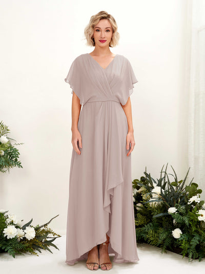 Carlyna A-Linien-Kleid V-Ausschnitt Flatterärmel Bodenlang Brautjungfernkleid Taupe #farbe_taupe