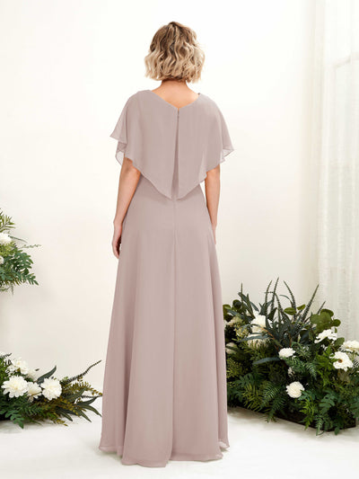 Carlyna A-Linien-Kleid V-Ausschnitt Flatterärmel Bodenlang Brautjungfernkleid Taupe #farbe_taupe