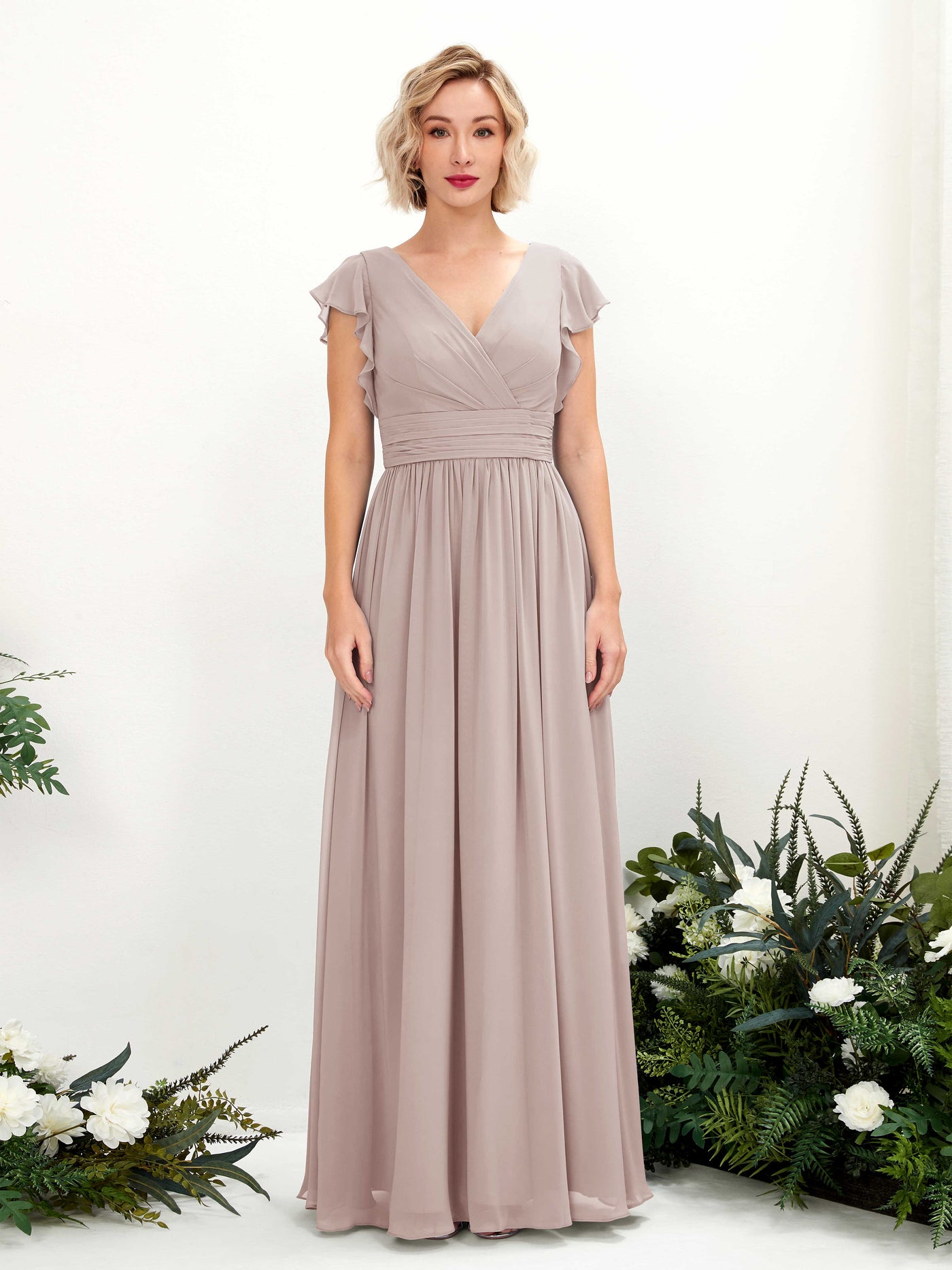 Carlyna A-Linien-Kleid V-Ausschnitt Flatterärmel Bodenlang Brautjungfernkleid Taupe #farbe_taupe