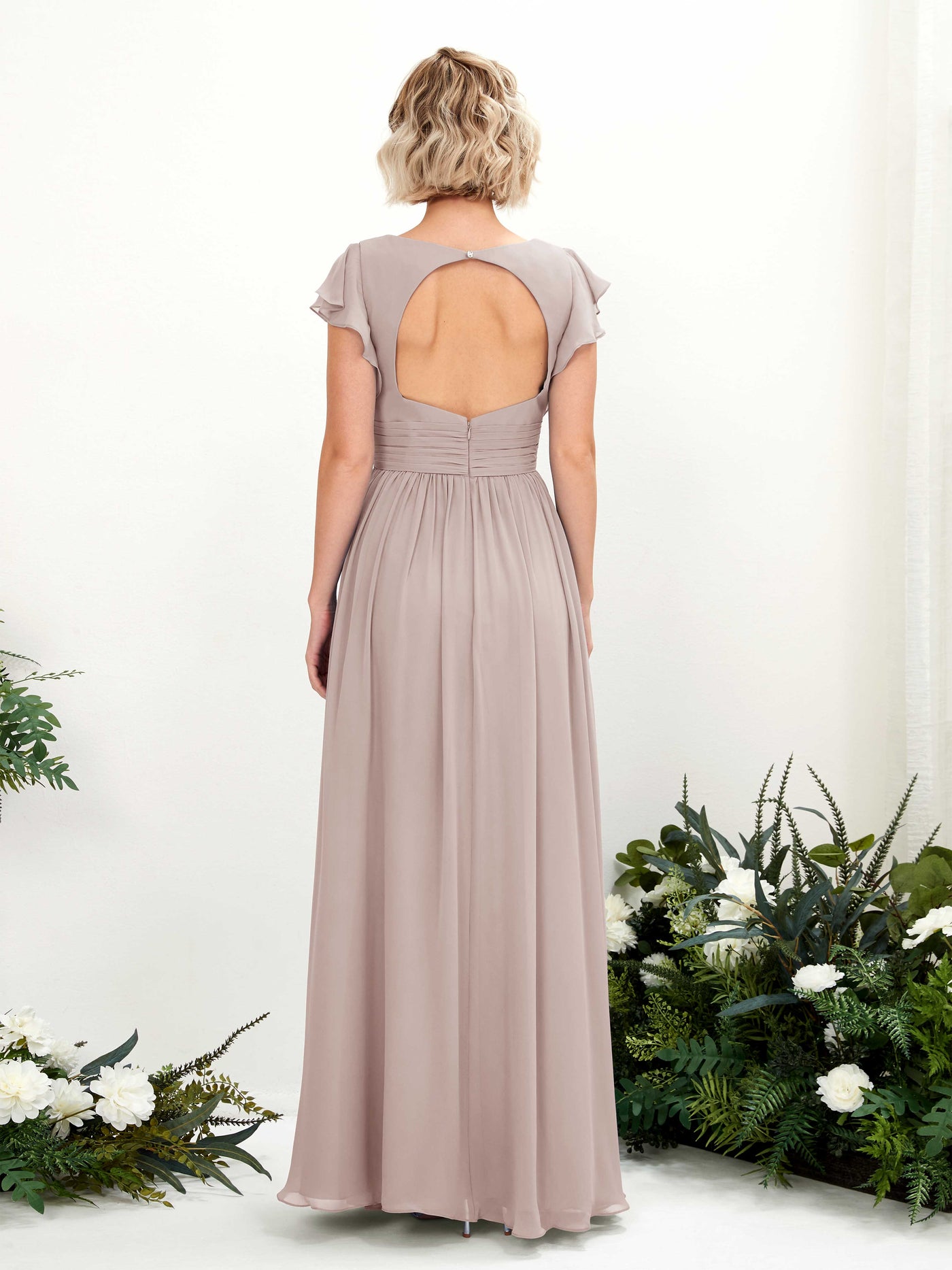 Carlyna A-Linien-Kleid V-Ausschnitt Flatterärmel Bodenlang Brautjungfernkleid Taupe #farbe_taupe