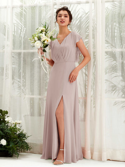 Carlyna A-Linien-Kleid V-Ausschnitt Flatterärmel Bodenlang Brautjungfernkleid Taupe #farbe_taupe