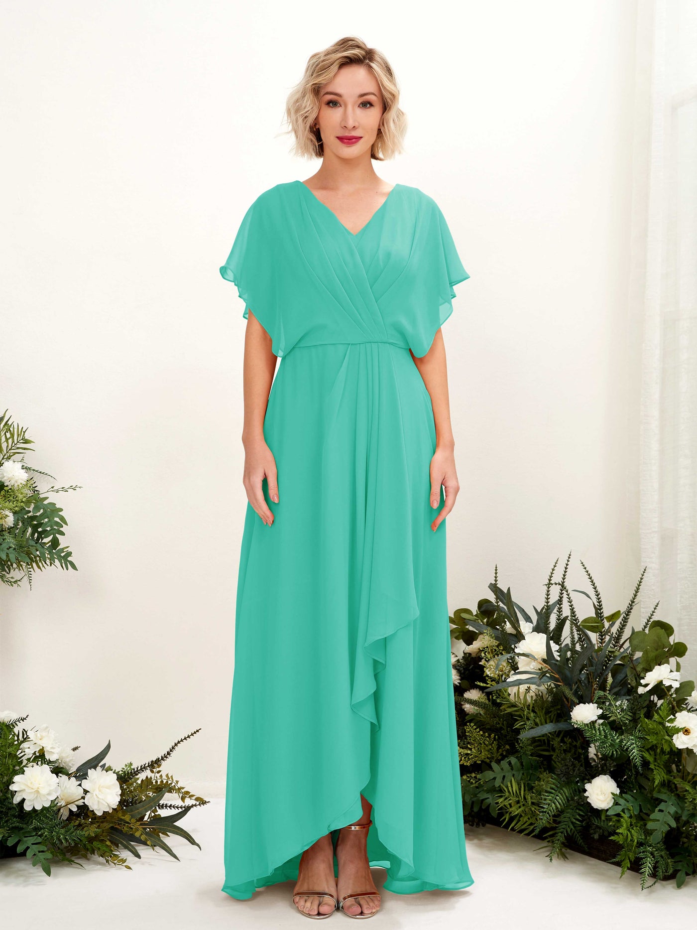 Carlyna A-Linien-Kleid V-Ausschnitt Flatterärmel Bodenlang Brautjungfernkleid Tiffany-Blau #farbe_tiffany-blau