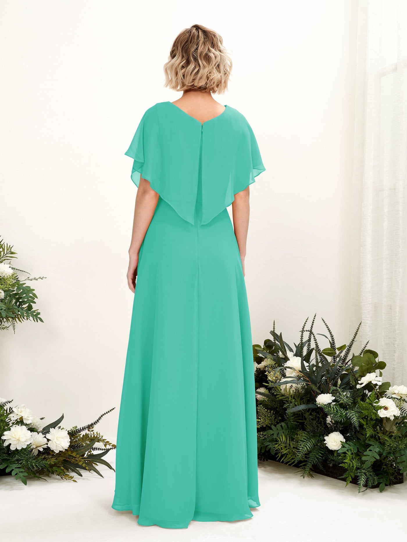 Carlyna A-Linien-Kleid V-Ausschnitt Flatterärmel Bodenlang Brautjungfernkleid Tiffany-Blau #farbe_tiffany-blau