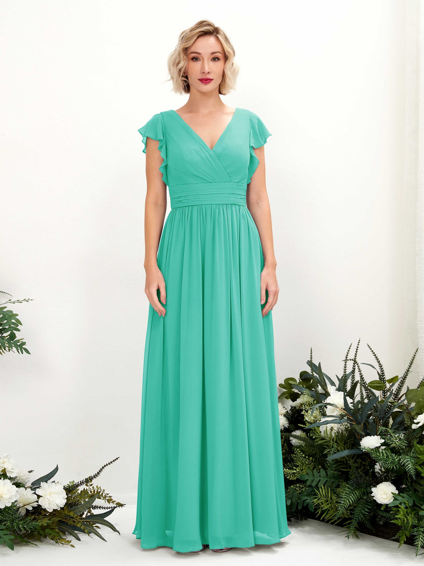 Carlyna A-Linien-Kleid V-Ausschnitt Flatterärmel Bodenlang Brautjungfernkleid Tiffany-Blau #farbe_tiffany-blau