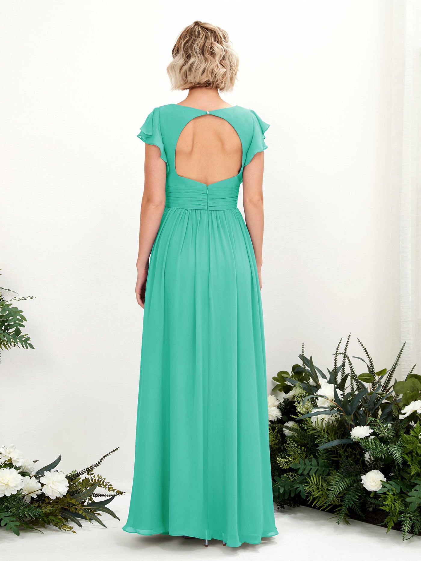 Carlyna A-Linien-Kleid V-Ausschnitt Flatterärmel Bodenlang Brautjungfernkleid Tiffany-Blau #farbe_tiffany-blau