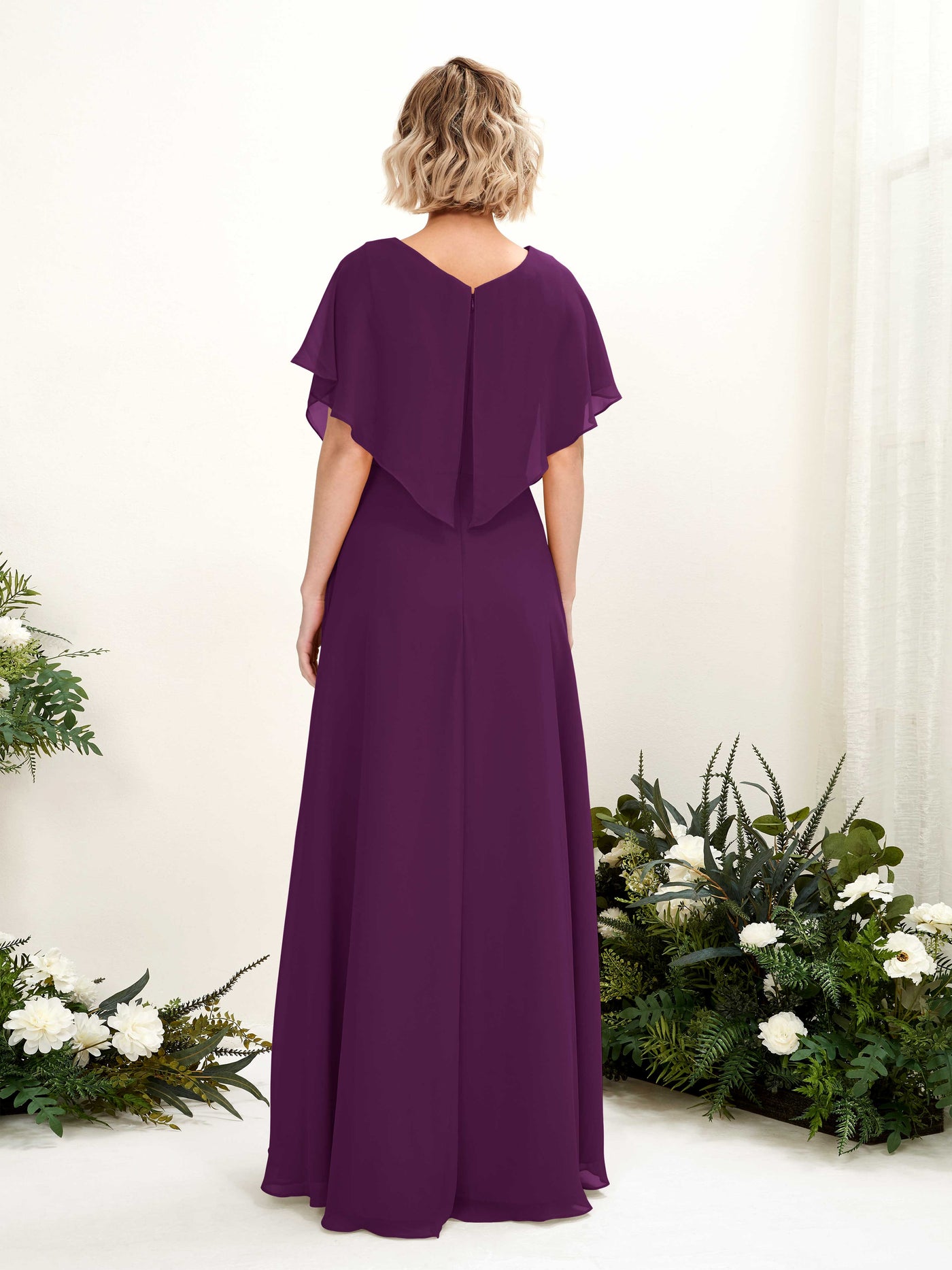 Carlyna A-Linien-Kleid V-Ausschnitt Flatterärmel Bodenlang Brautjungfernkleid Traube #farbe_traube