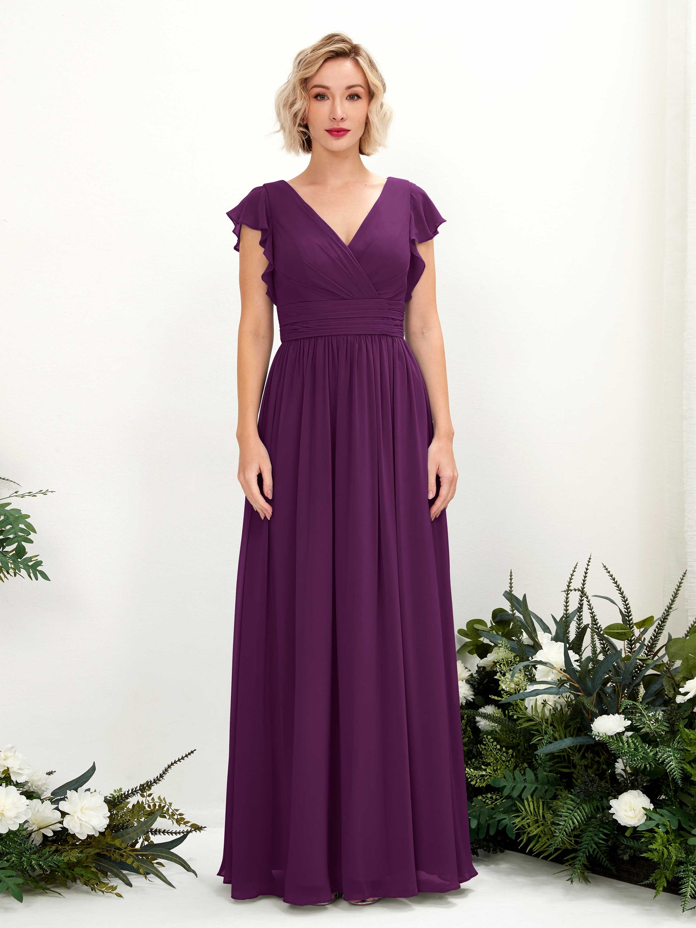 Carlyna A-Linien-Kleid V-Ausschnitt Flatterärmel Bodenlang Brautjungfernkleid Traube #farbe_traube