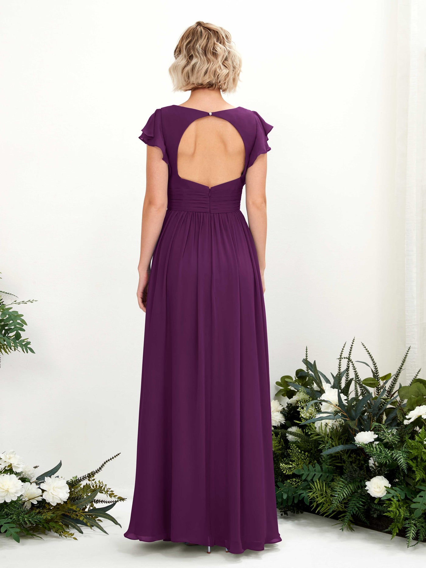 Carlyna A-Linien-Kleid V-Ausschnitt Flatterärmel Bodenlang Brautjungfernkleid Traube #farbe_traube