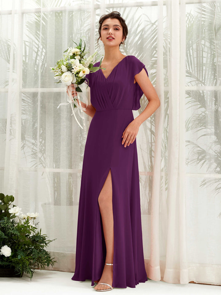 Carlyna A-Linien-Kleid V-Ausschnitt Flatterärmel Bodenlang Brautjungfernkleid Traube 