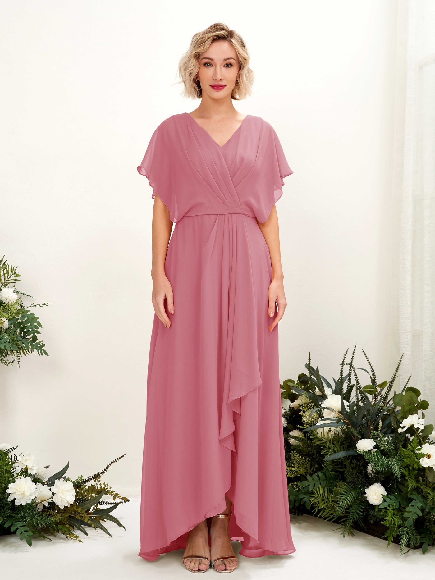 Carlyna A-Linien-Kleid V-Ausschnitt Flatterärmel Bodenlang Brautjungfernkleid Wüstenrose #farbe_w-stenrose