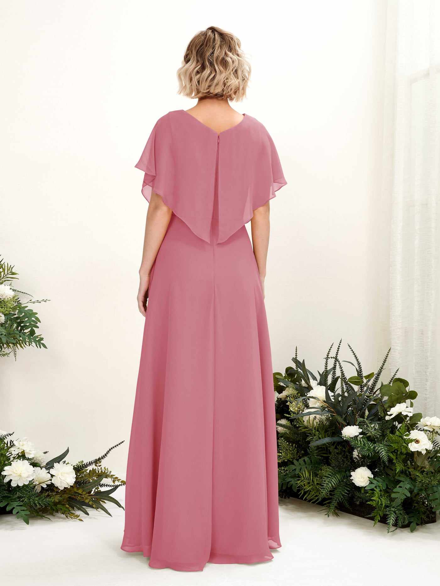 Carlyna A-Linien-Kleid V-Ausschnitt Flatterärmel Bodenlang Brautjungfernkleid Wüstenrose #farbe_w-stenrose