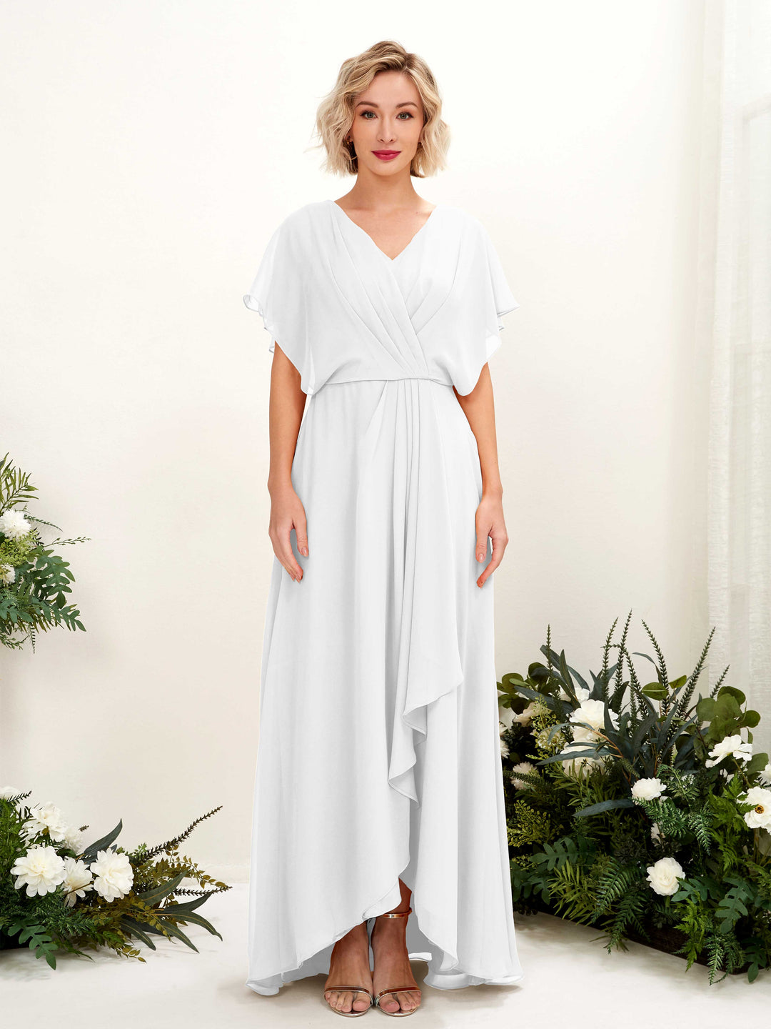 Carlyna A-Linien-Kleid V-Ausschnitt Flatterärmel Bodenlang Brautjungfernkleid Weiß 
