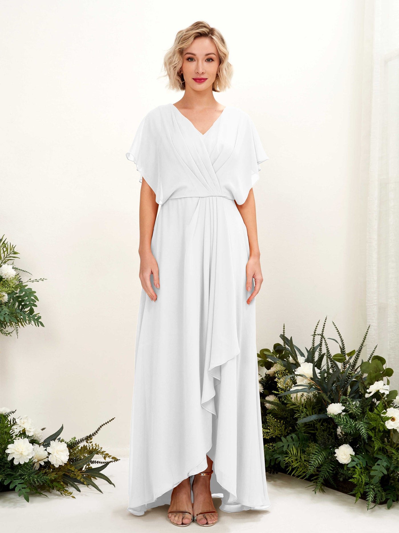 Carlyna A-Linien-Kleid V-Ausschnitt Flatterärmel Bodenlang Brautjungfernkleid Weiß #farbe_wei