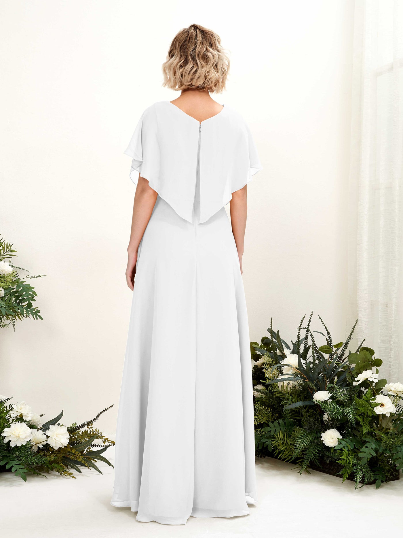 Carlyna A-Linien-Kleid V-Ausschnitt Flatterärmel Bodenlang Brautjungfernkleid Weiß #farbe_wei
