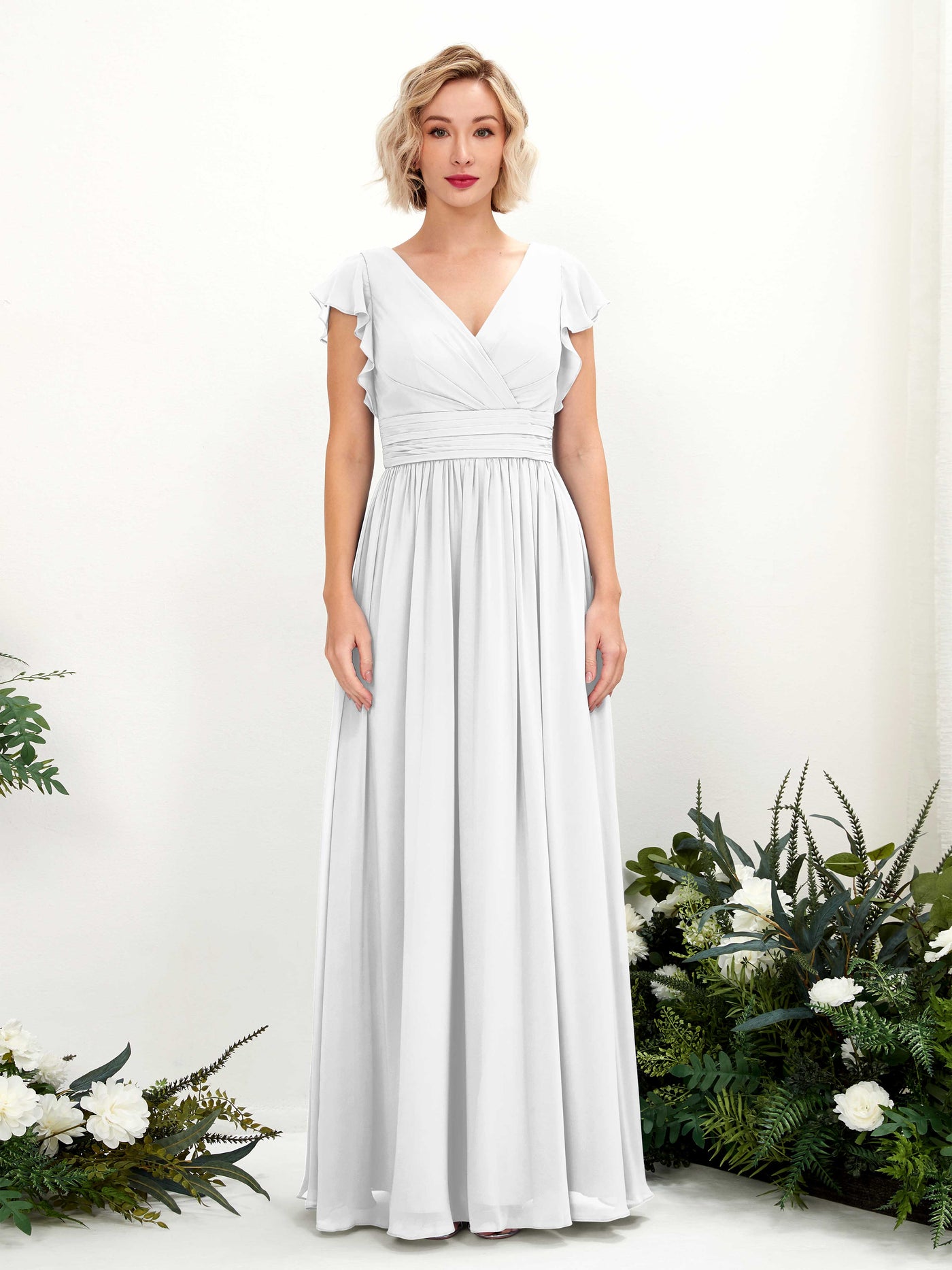 Carlyna A-Linien-Kleid V-Ausschnitt Flatterärmel Bodenlang Brautjungfernkleid Weiß #farbe_wei