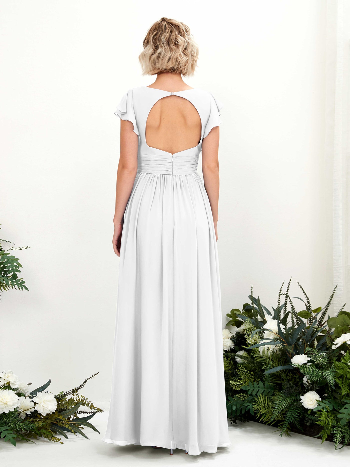 Carlyna A-Linien-Kleid V-Ausschnitt Flatterärmel Bodenlang Brautjungfernkleid Weiß #farbe_wei