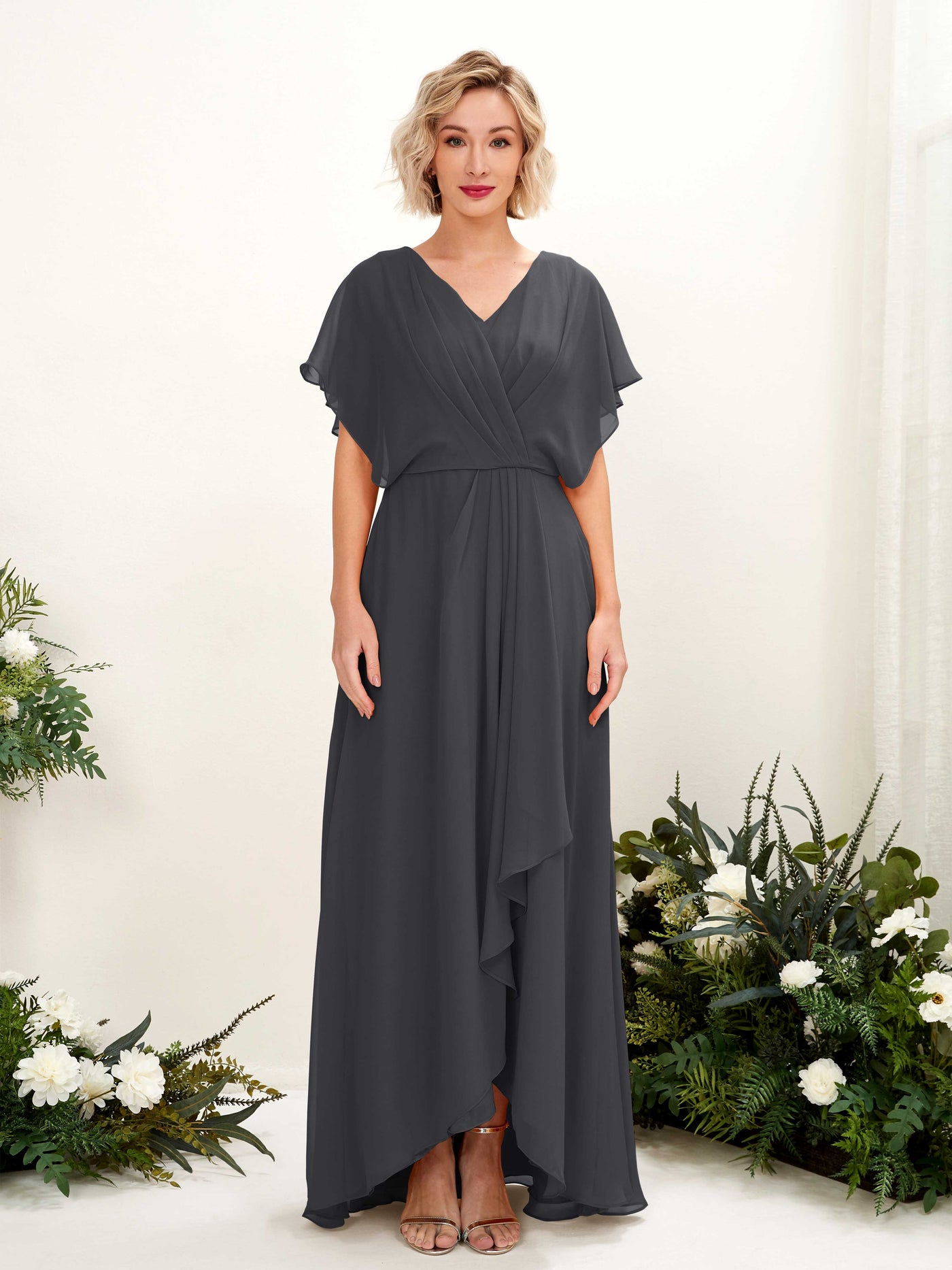Carlyna A-Linien-Kleid V-Ausschnitt Flatterärmel Bodenlang Brautjungfernkleid Zinnfarben #farbe_zinnfarben
