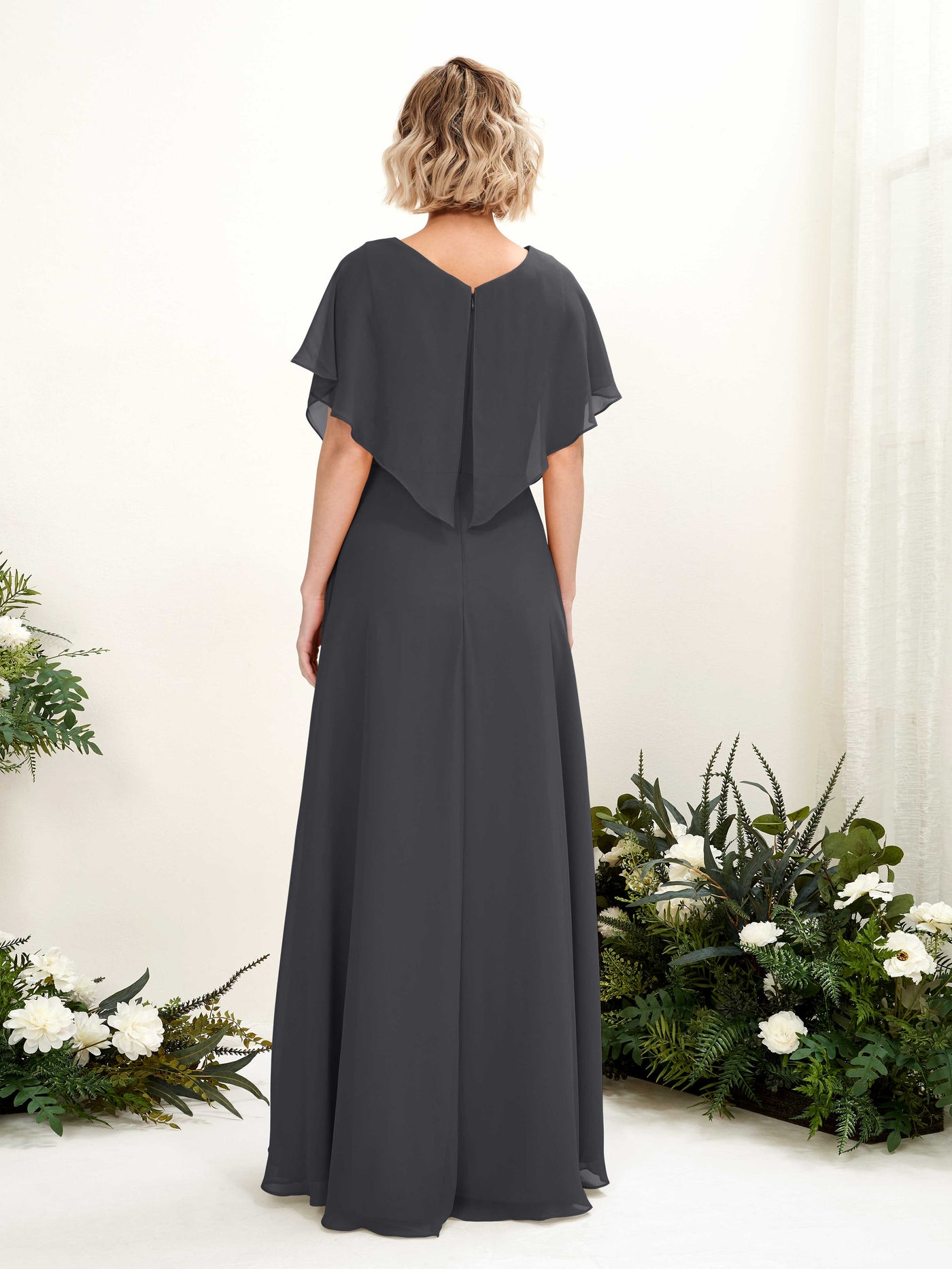 Carlyna A-Linien-Kleid V-Ausschnitt Flatterärmel Bodenlang Brautjungfernkleid Zinnfarben #farbe_zinnfarben