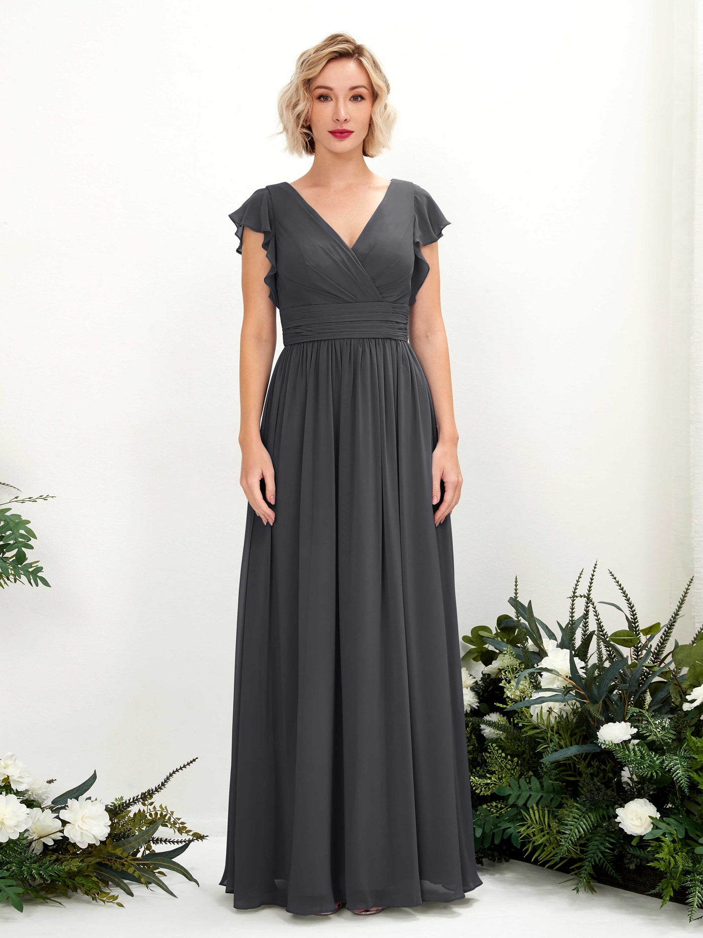 Carlyna A-Linien-Kleid V-Ausschnitt Flatterärmel Bodenlang Brautjungfernkleid Zinnfarben #farbe_zinnfarben