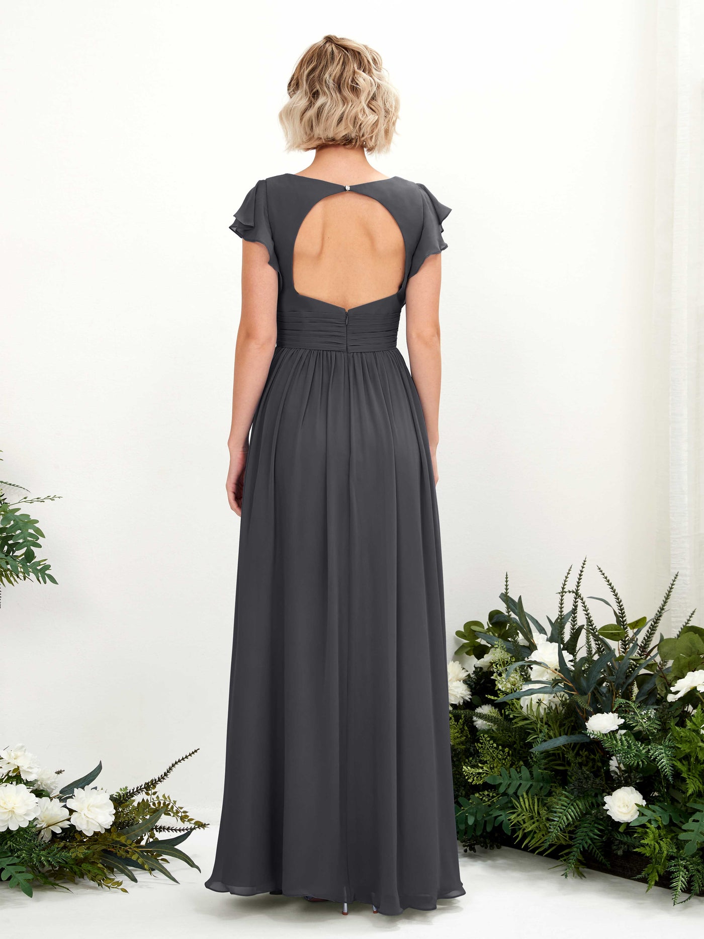 Carlyna A-Linien-Kleid V-Ausschnitt Flatterärmel Bodenlang Brautjungfernkleid Zinnfarben #farbe_zinnfarben