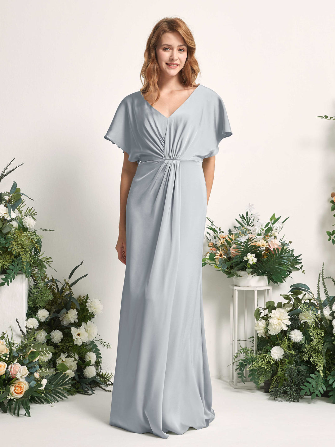 Carlyna A-Linien-Kleid V-Ausschnitt Flatterärmel bodenlanges Brautjungfernkleid Baby Blau 