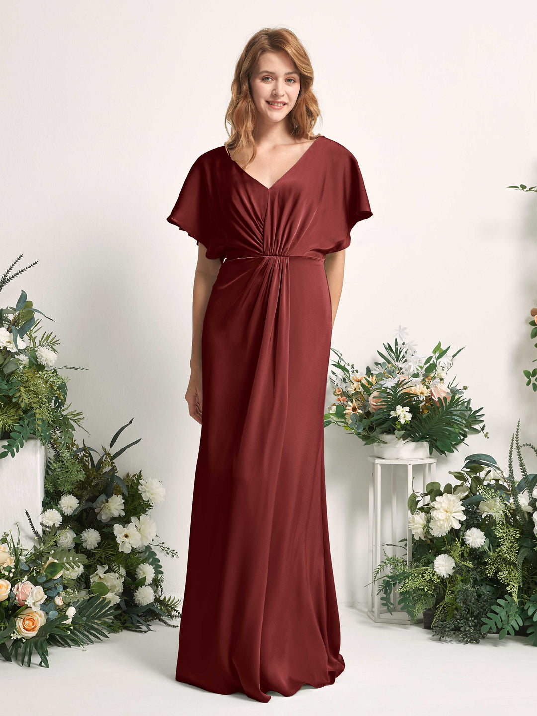 Carlyna A-Linien-Kleid V-Ausschnitt Flatterärmel bodenlanges Brautjungfernkleid Burgunderrot 