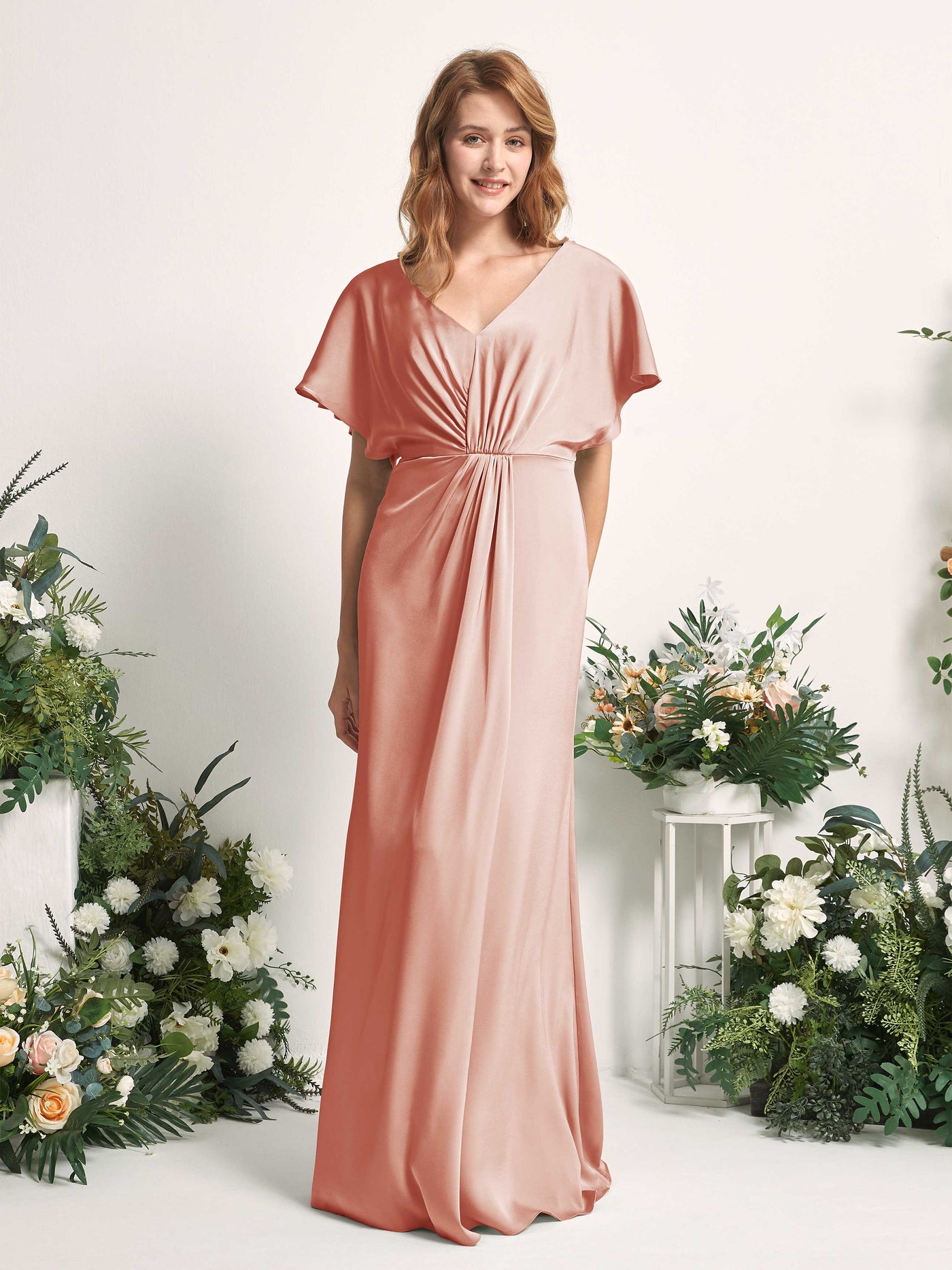 Carlyna A-Linien-Kleid V-Ausschnitt Flatterärmel bodenlanges Brautjungfernkleid Cantaloupe #farbe_cantaloupe