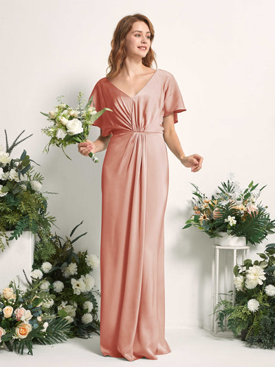 Carlyna A-Linien-Kleid V-Ausschnitt Flatterärmel bodenlanges Brautjungfernkleid Cantaloupe #farbe_cantaloupe