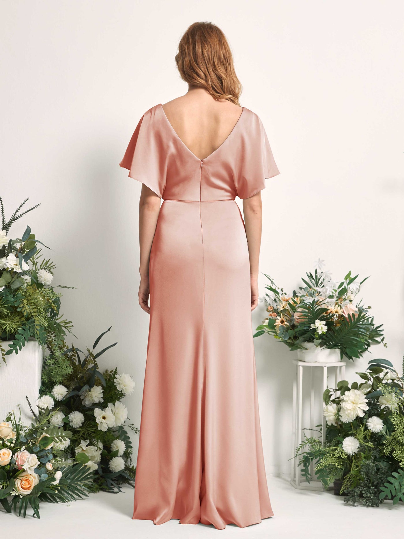 Carlyna A-Linien-Kleid V-Ausschnitt Flatterärmel bodenlanges Brautjungfernkleid Cantaloupe #farbe_cantaloupe