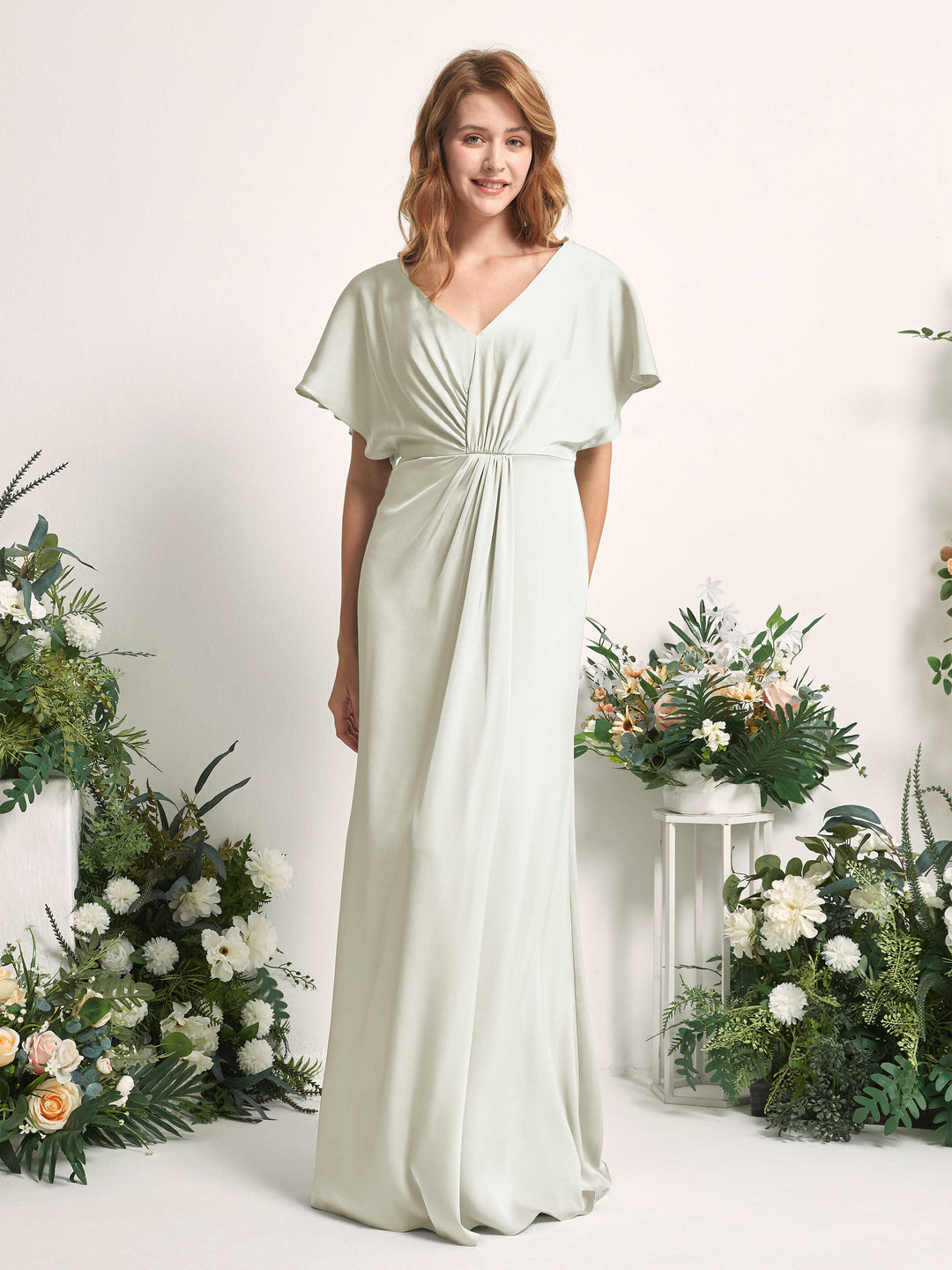 Carlyna A-Linien-Kleid V-Ausschnitt Flatterärmel bodenlanges Brautjungfernkleid Elfenbein 