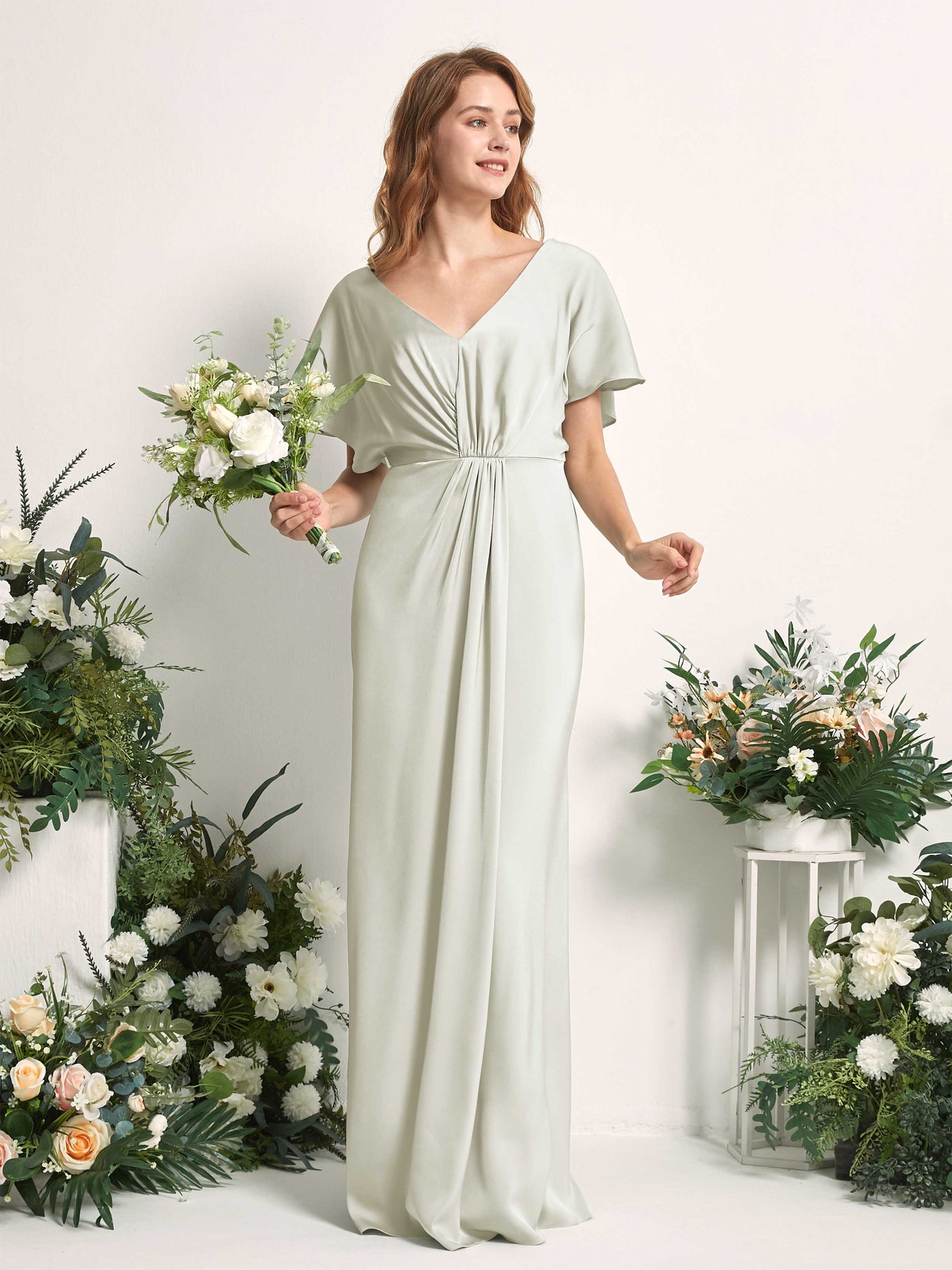 Carlyna A-Linien-Kleid V-Ausschnitt Flatterärmel bodenlanges Brautjungfernkleid Elfenbein #farbe_elfenbein