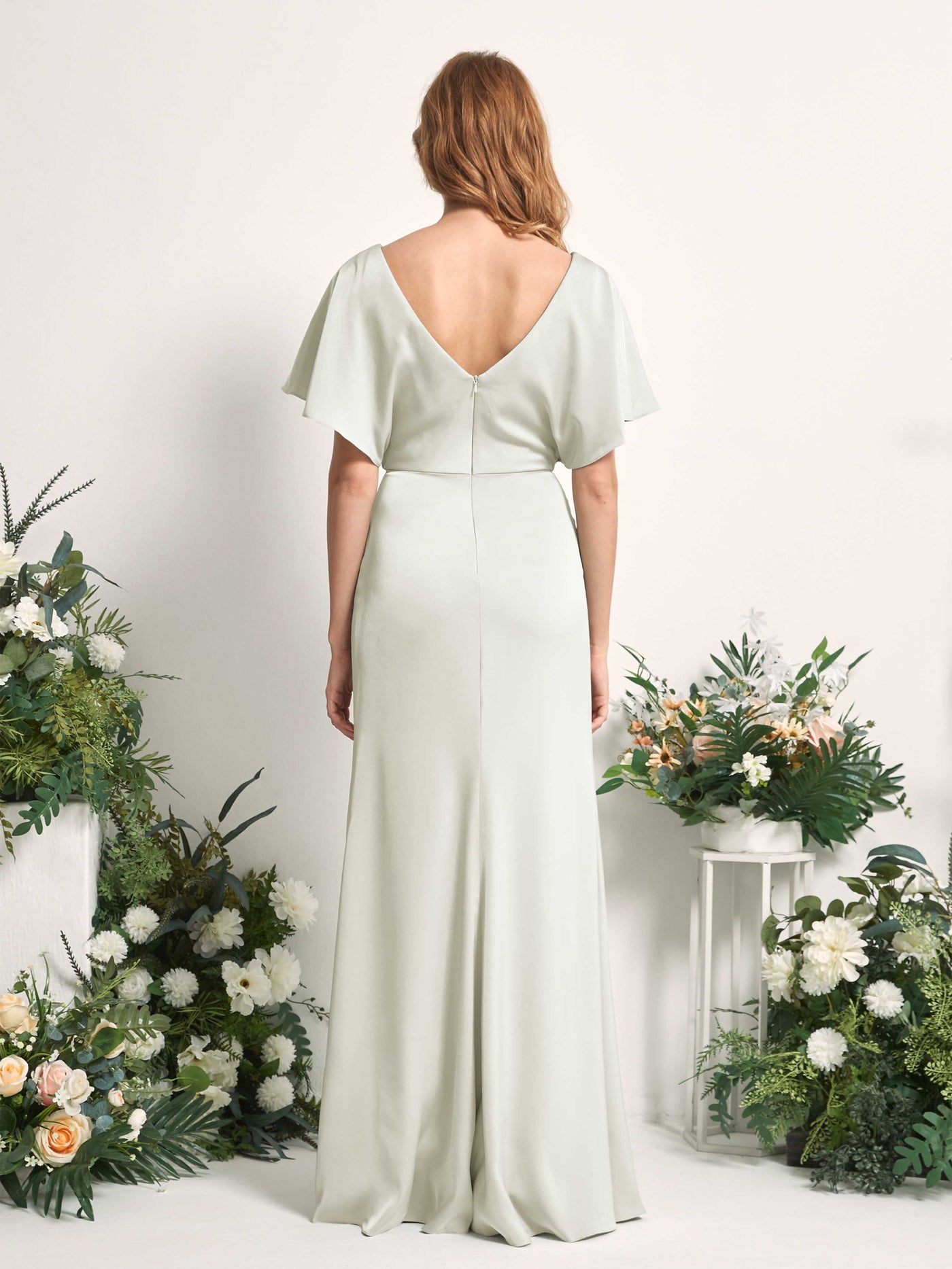 Carlyna A-Linien-Kleid V-Ausschnitt Flatterärmel bodenlanges Brautjungfernkleid Elfenbein #farbe_elfenbein
