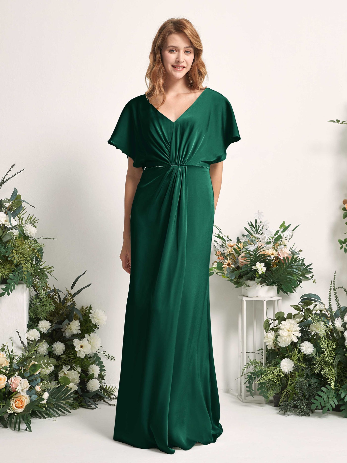 Carlyna A-Linien-Kleid V-Ausschnitt Flatterärmel bodenlanges Brautjungfernkleid Jägergrün #farbe_j-gergr-n