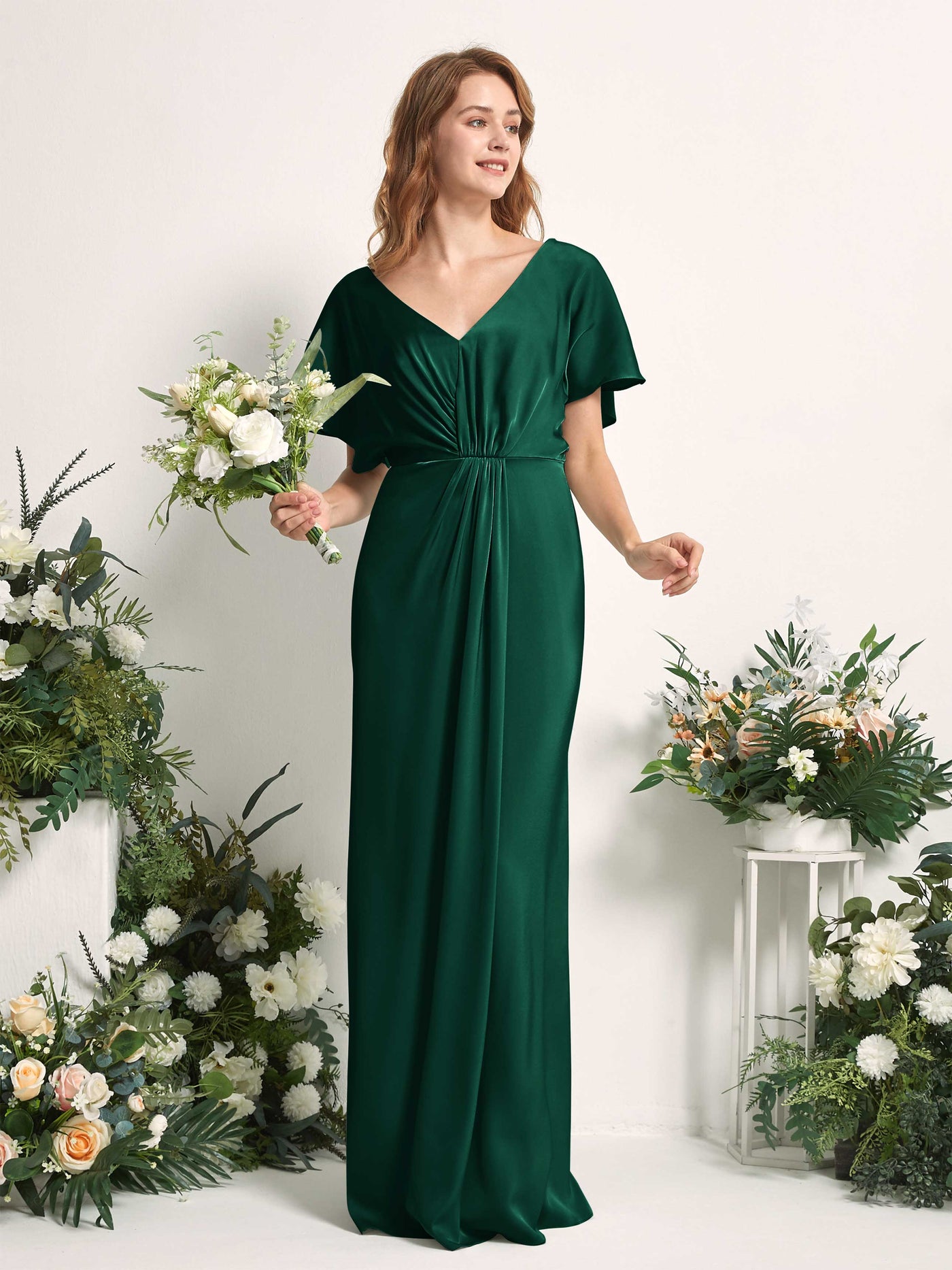 Carlyna A-Linien-Kleid V-Ausschnitt Flatterärmel bodenlanges Brautjungfernkleid Jägergrün #farbe_j-gergr-n